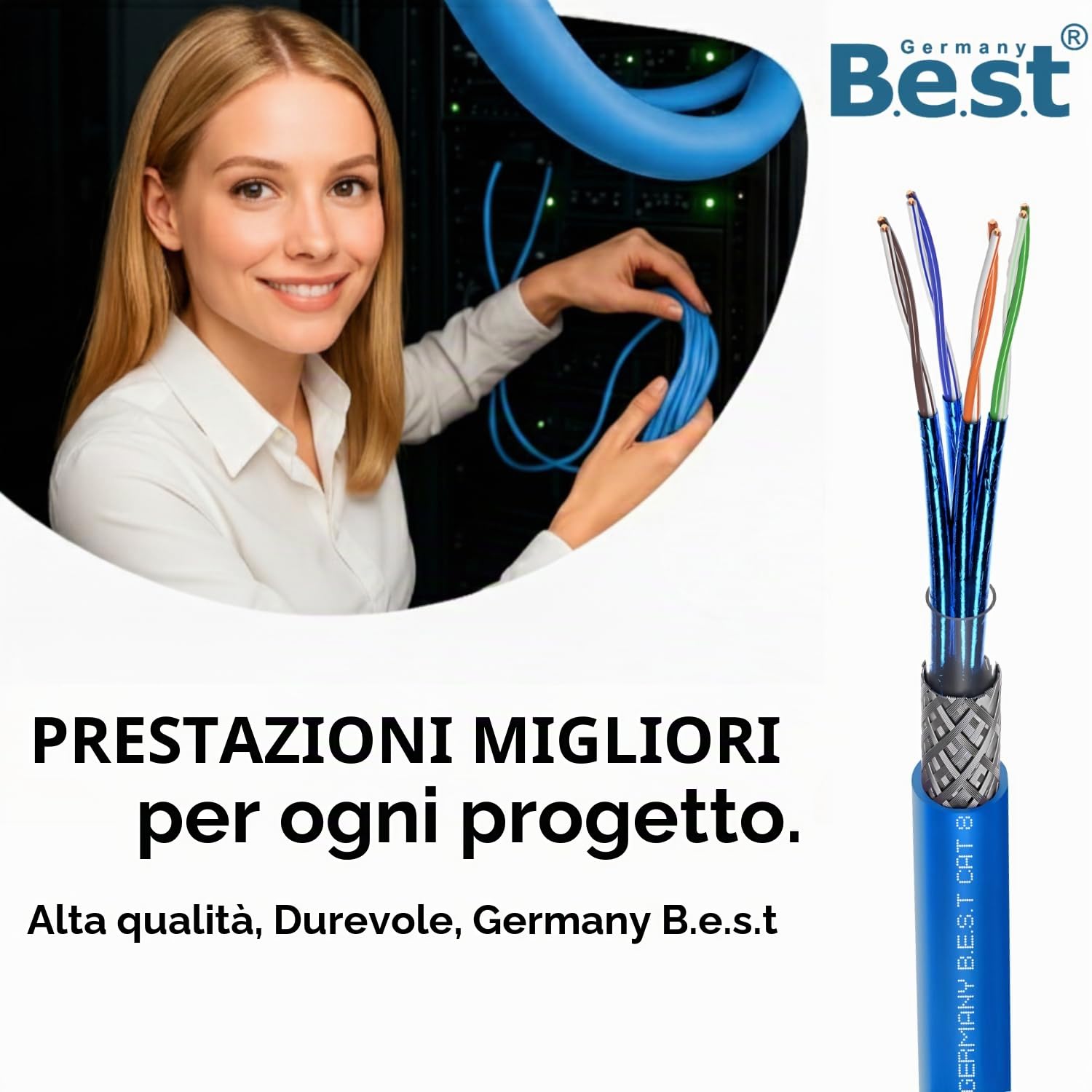 Cavo di rete CAT 8, 100 m, in rame puro, LAN, S/FTP, 40 Gbit | 100% puro rame, cavo di rete LAN, cavo di rete Ethernet, S/FTP, 40 Gbit, PoE++, LSZH, router, switch, pannello patch