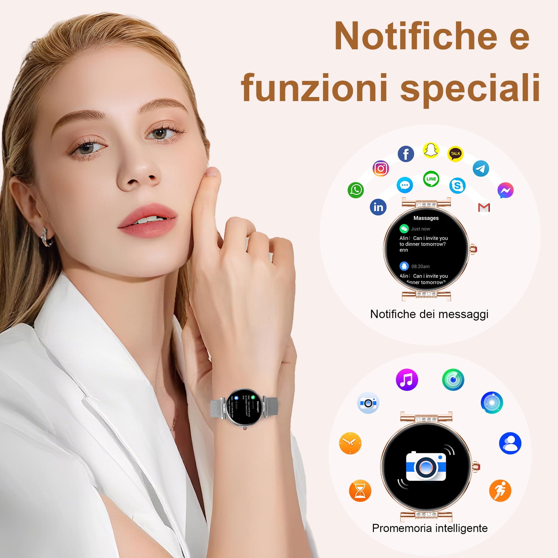 Smartwatch Donna, 1.19”AMOLED Orologio Smartwatch con Chiamate Bluetooth/Notifiche, 120+ Sportive, Fisiologia Femminile, 24H Contapassi/Sonno/Cardiofrequenzimetro, IP68 Smart Watch per iOS Android