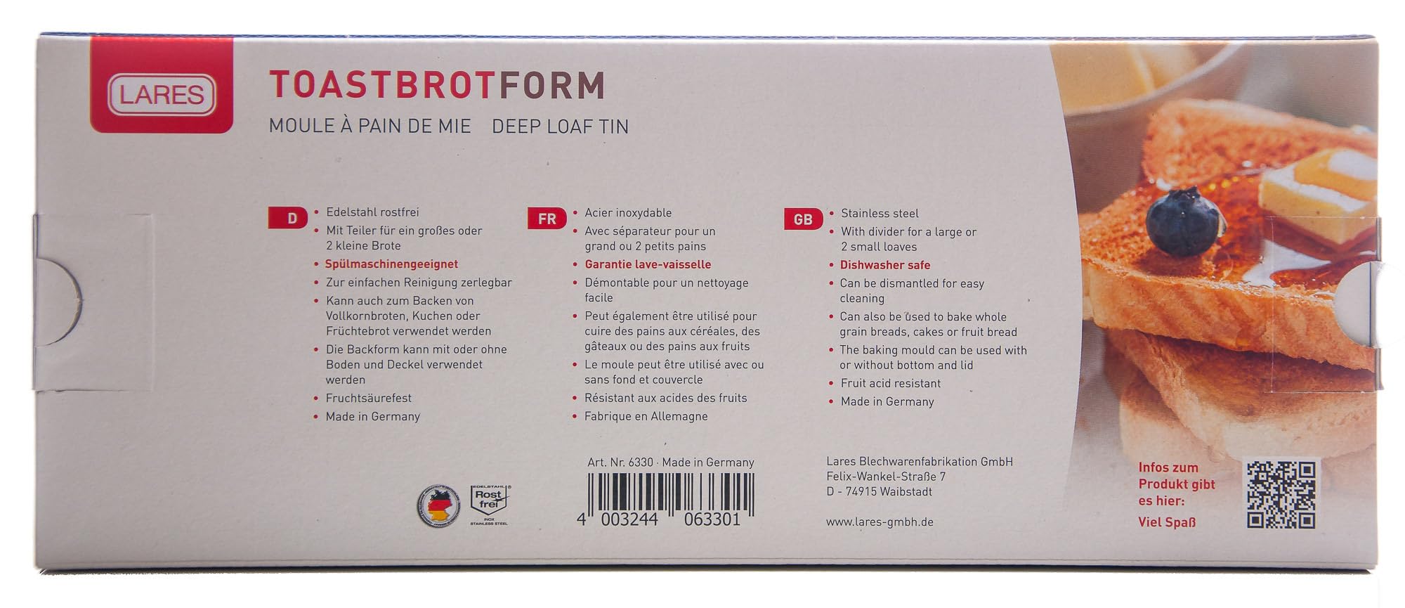 Lares Toastbrotform Edelstahl mit Teiler 30x10x9 cm – Für Toast, Vollkornbrot, Früchtebrot, Kuchen –– Spülmaschinenfest – Made in Germany