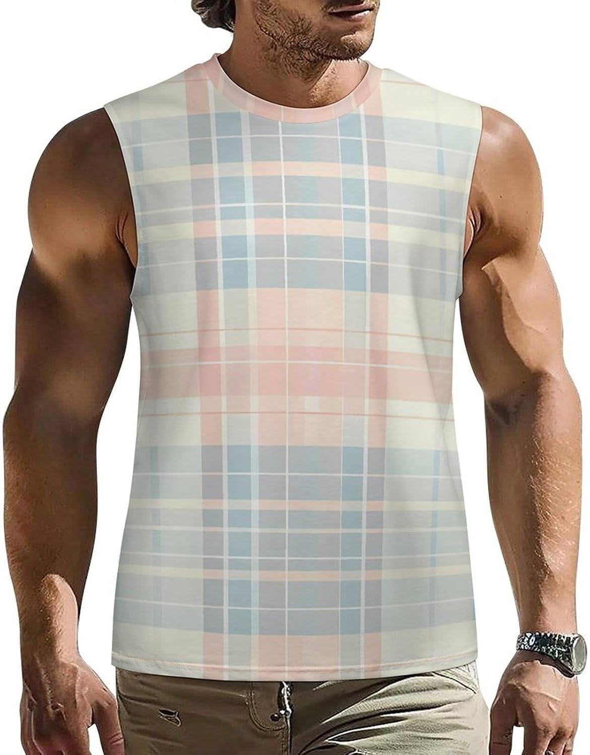 Pastel Blue Plaid Men Summer Sleeveless Crew Neck Top 5XL