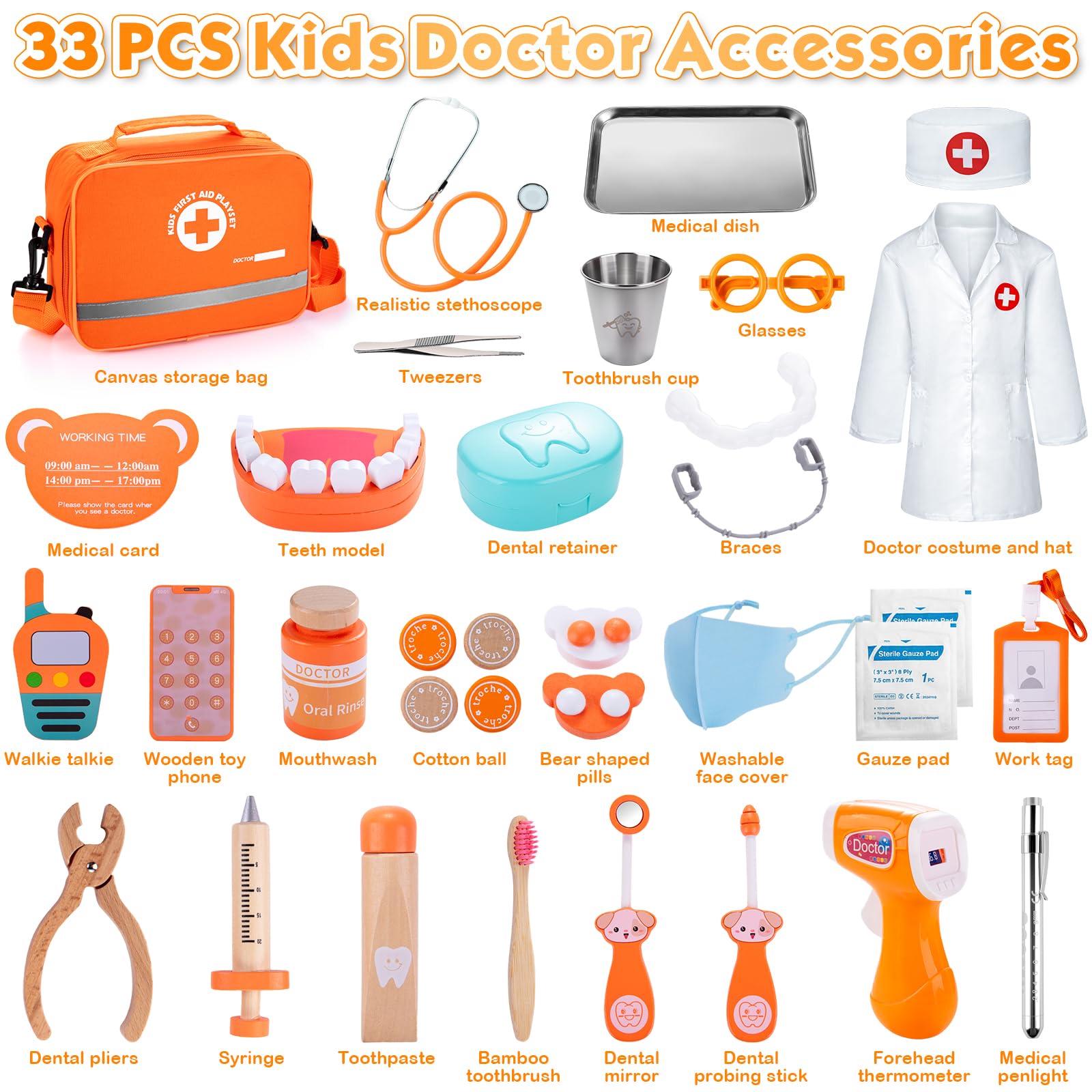 EFO SHM Malette Docteur Enfant, 33 Pièces de Jeu Dentiste Enfant, avec Véritable Stethoscope, Cadeau et Jouet Enfant 3 4 5 6 Ans