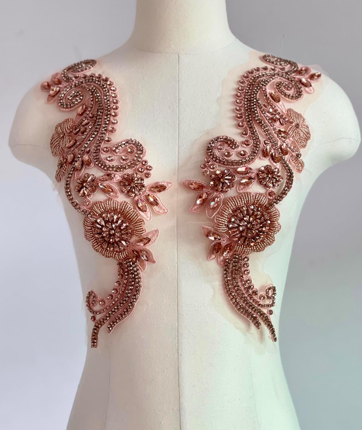 1 Pair Handmade Rhinestone Appliques,Watercolor Pink Rhinestone Applique for Dress, Wedding, Costume Decoration Beaded Patches (Watercolor Pink-1)