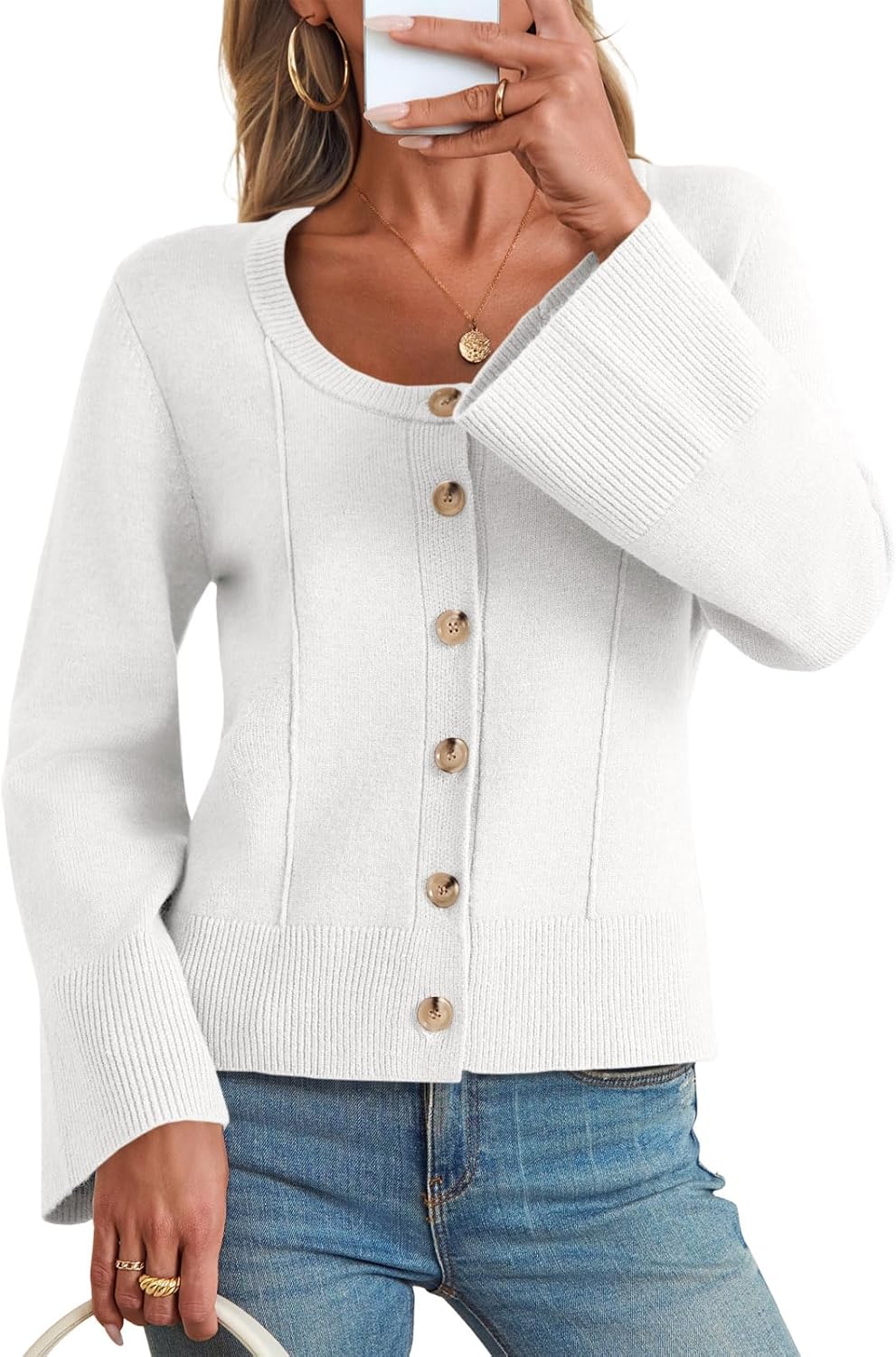 Saodimallsu Womens Bell Sleeve Cardigan Sweaters Button Down Long Sleeve Fall Trendy Sweaters 2025 U Neck Knit Outwear