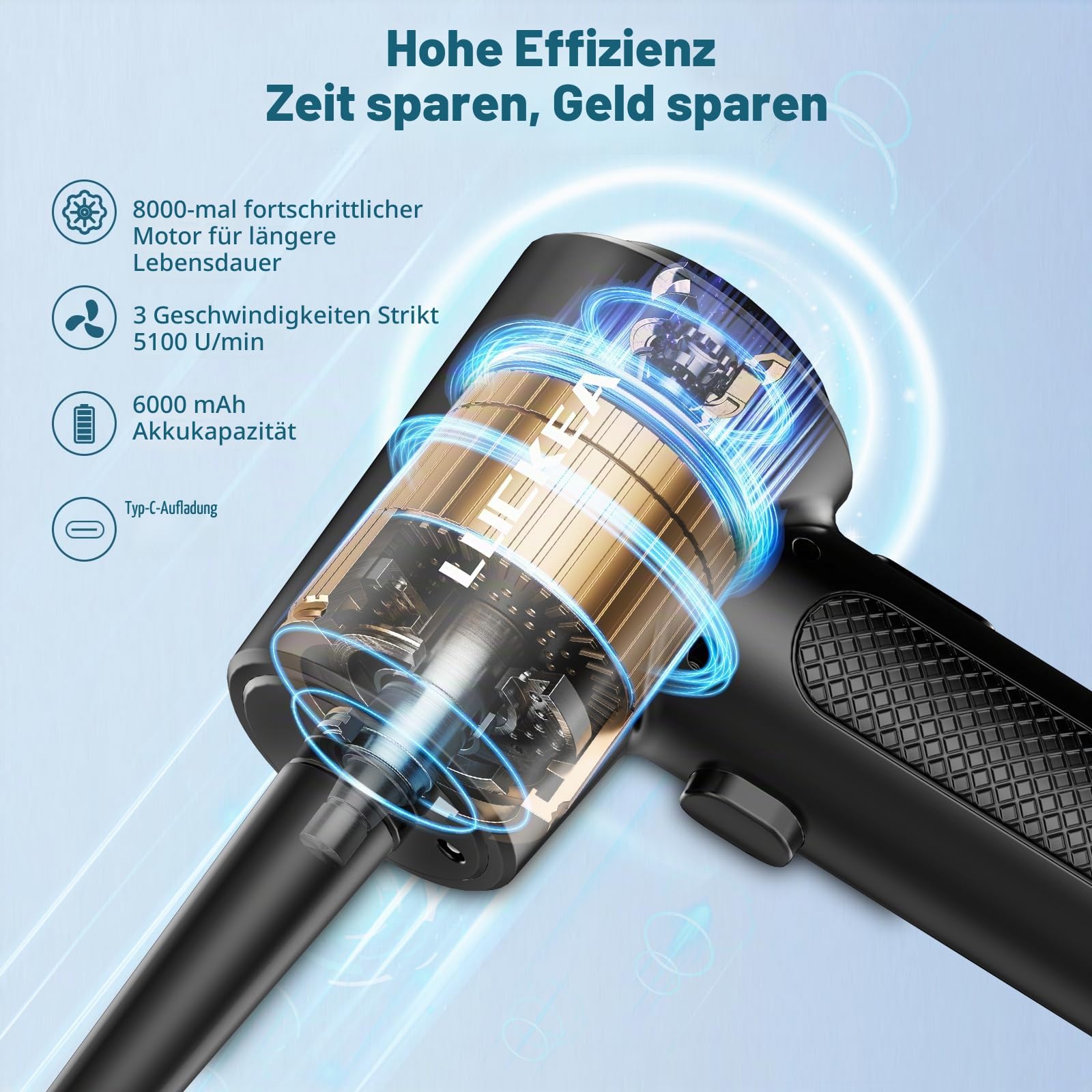 Elektrische Staubgebläse Druckluftspray für PC Reinigung - 3-Gang Air Duster mit 6000 mAh Akku, 5 Blasdüsen 2 Vakuumdüsen, 3 Antistatikbürsten, Compressed Air Luftdruckspray für Elektronik Sofa Auto