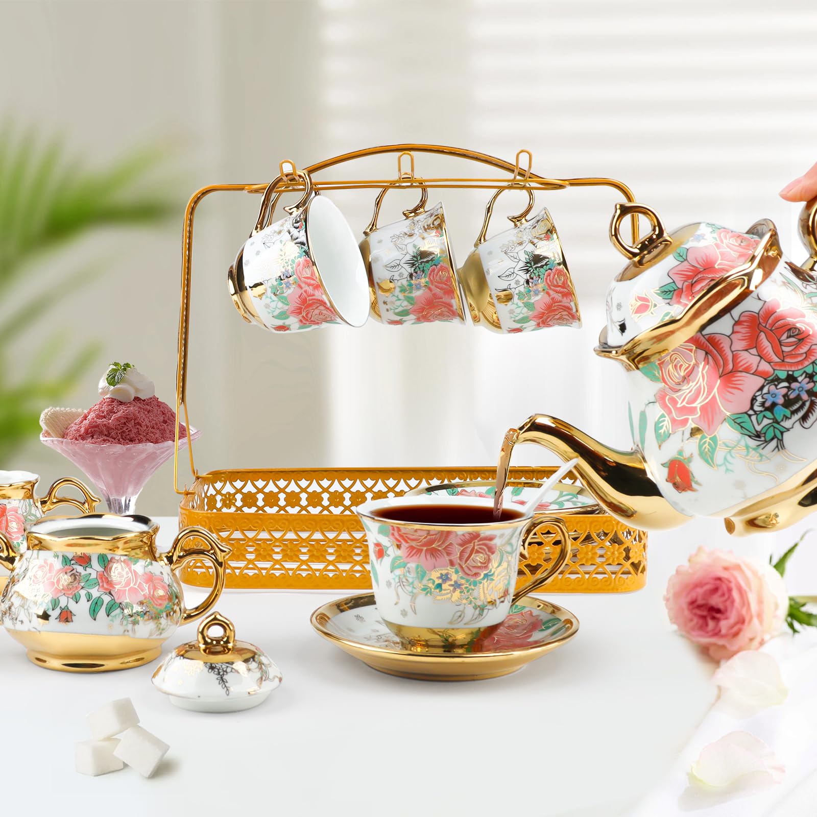22-częściowy porcelanowy zestaw do herbaty z metalowym uchwytem, europejski ceramiczny zestaw do herbaty dla dorosłych 6, piękne zestawy filiżanek do herbaty do domu i na imprezę