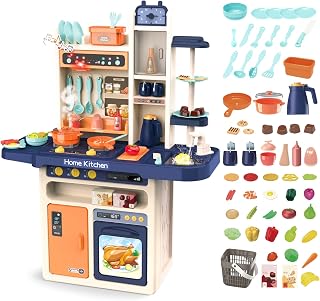 deAO Kitchen Playset Toy with Realistic Lights & Sounds, Kids Play Kitchen Set with Simulation of Spray Features, Pretend Role Play Toys with Lots of Kitchen Accessories Gift for Toddlers (Blue)