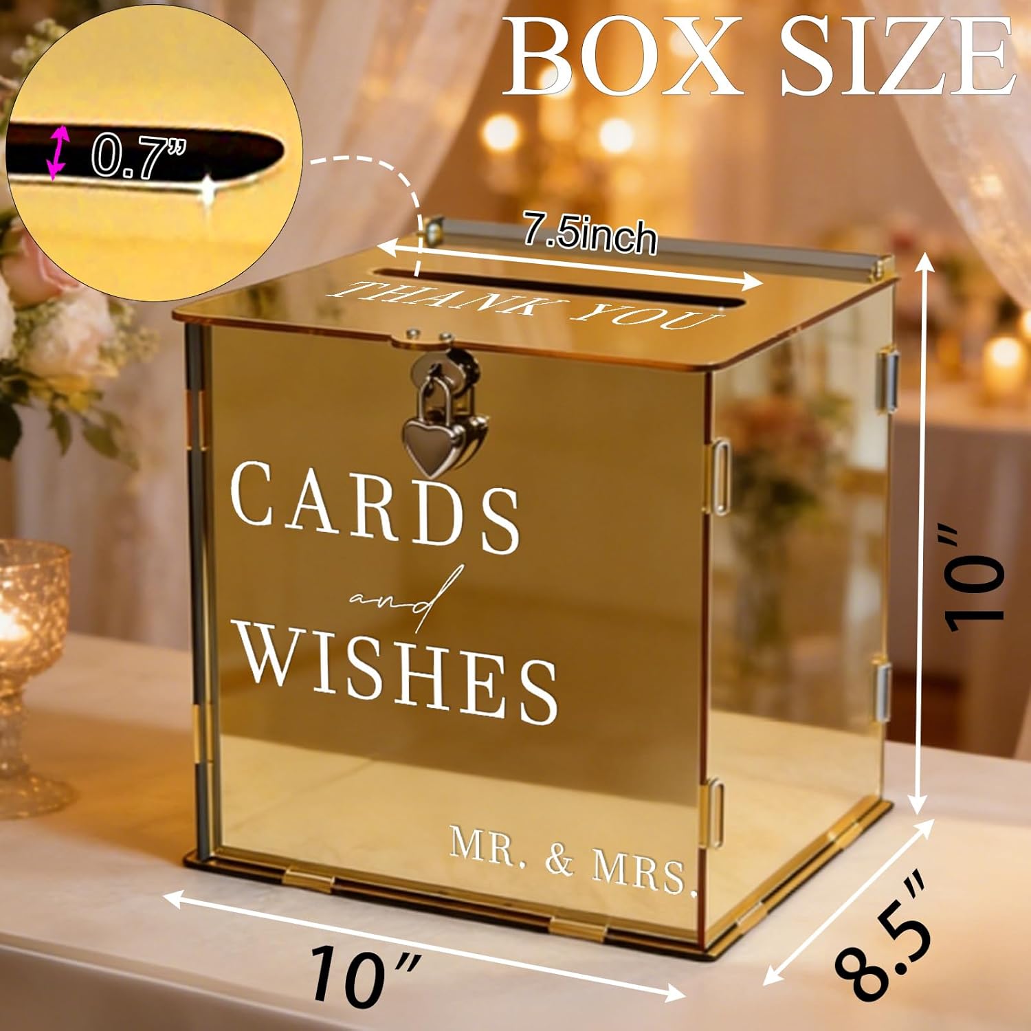 Acrylic Gold Card Box with Slot & Lock, Metallic Golden Classy Wedding Card Boxes for Reception, Large Money Gift Cards Box for Party Engagement Bridal Shower Luxury Wedding Table Decor