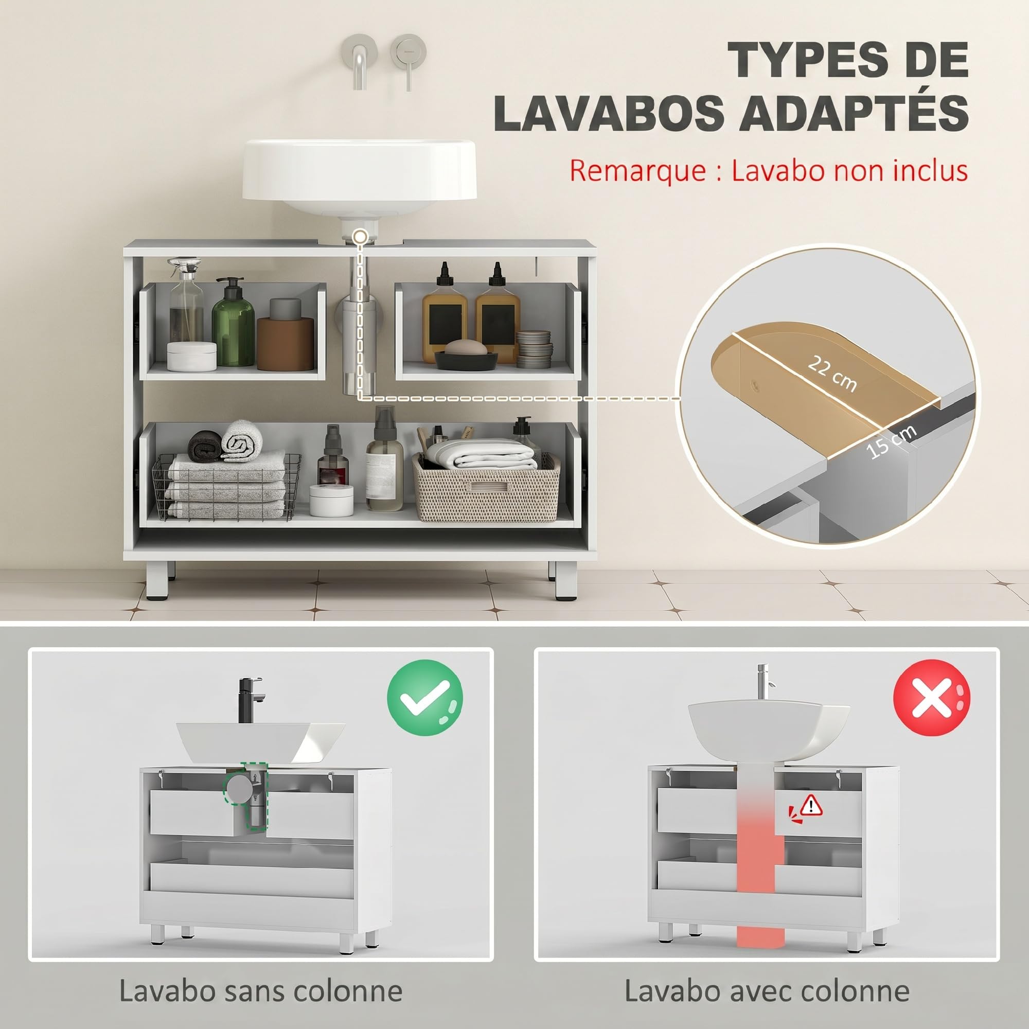 HOMCOM Meuble sous lavabo, Meuble de Salle de Bain avec 2 tiroirs, Armoire de Salle de Bains sous lavabo, Style Moderne, 80 x 30 x 60 cm, Blanc