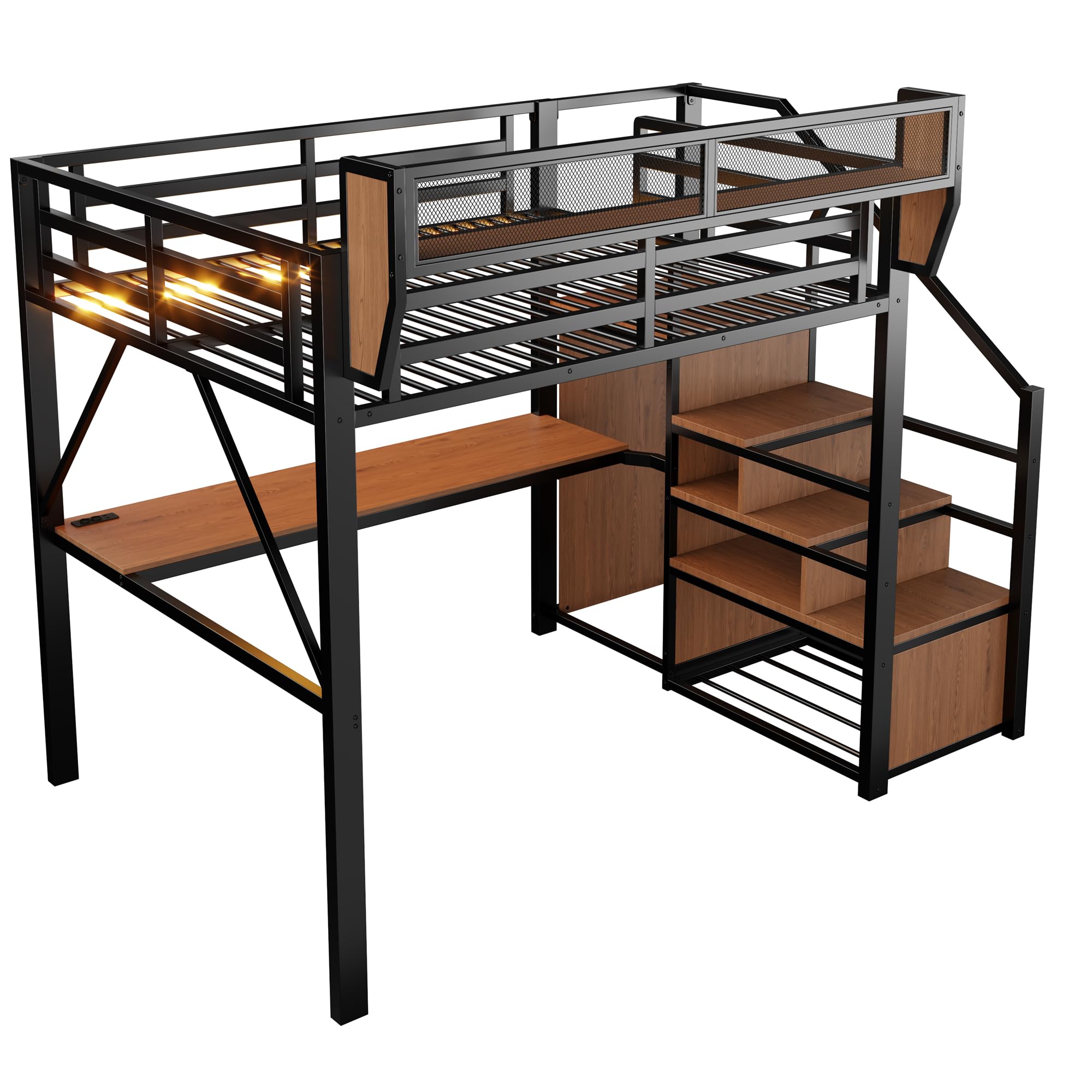 Lcoho Hochbett (140 x 200 cm), Metallbett, langem Schreibtisch, Sicherheitsleiter und flexiblem Stauraum – universelles Metallbett für Erwachsene und Kinder – Schwarz