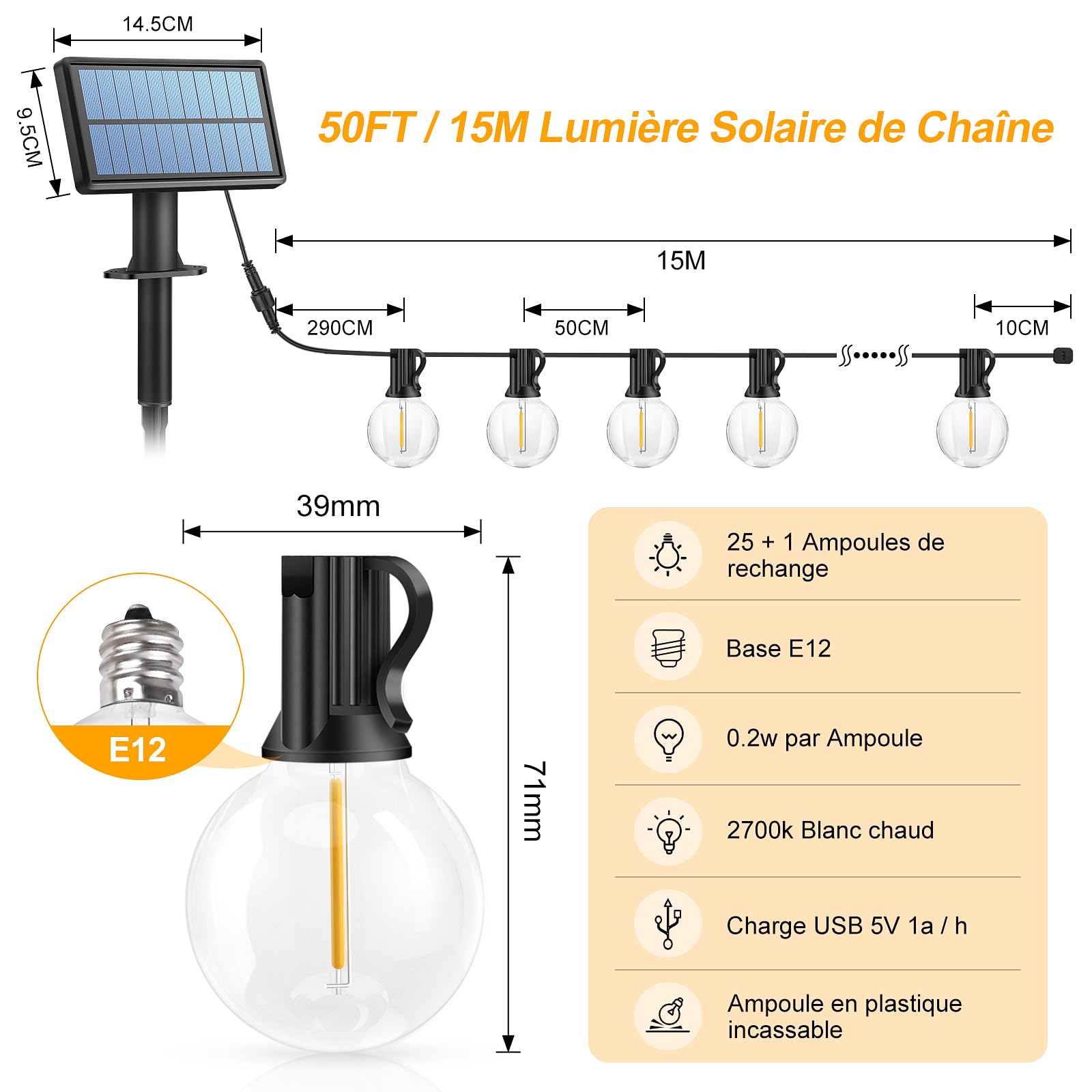 Catena Luminosa Esterno Solare 15M - Luci Esterno Energia Solare 25+1 LED G40 USB Ricaricabile Impermeabile Luci Solari Esterno Giardino per Feste Patio Cortile Terrazzo