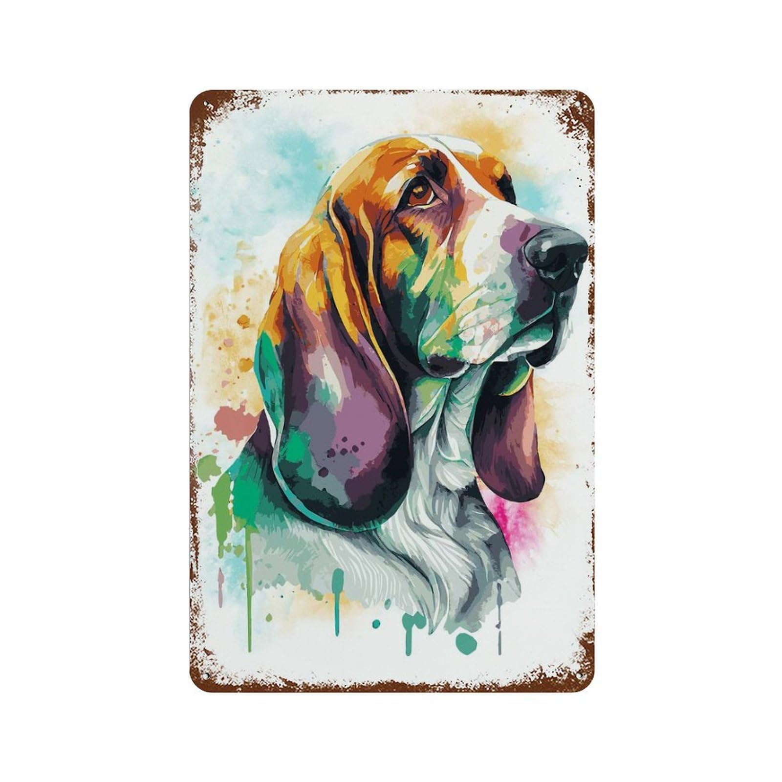 Watercolor Basset Hound Rust Effect Tin Sign 11.8"x7.9", Farmhouse Wall Decor for Farmhouse, Kitchen And Entryway Decor