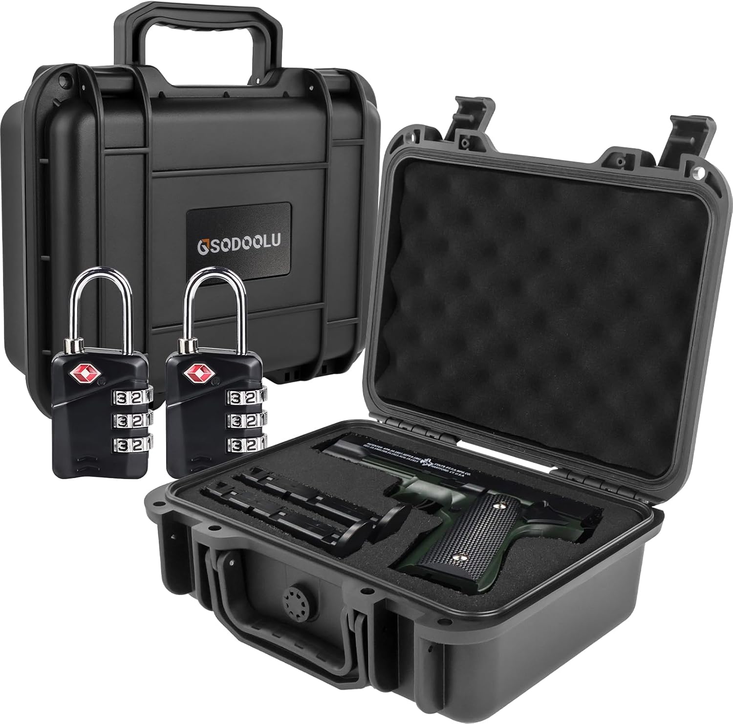 TSA Approved Gun Case Lockable for 1-4 Pistols, Waterproof Pistol Carrying Case, Shockproof Air Travel Hard Shell Firearm Case for Handguns, Potable Carrying Safe Case with 2 TSA Locks