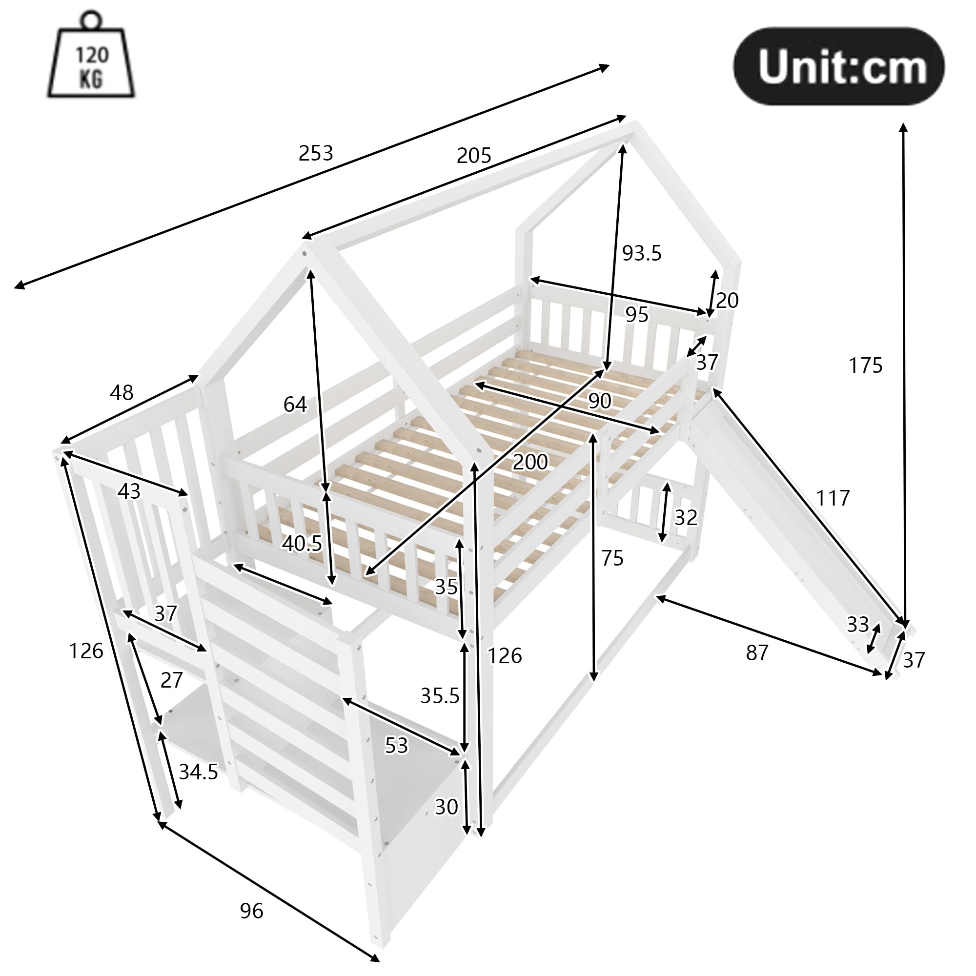 Dolamaní Cama infantil, 90 x 200 cm, con escalera y tobogán, con barandilla de seguridad, para niños y niñas, niños, adolescentes, (blanco)
