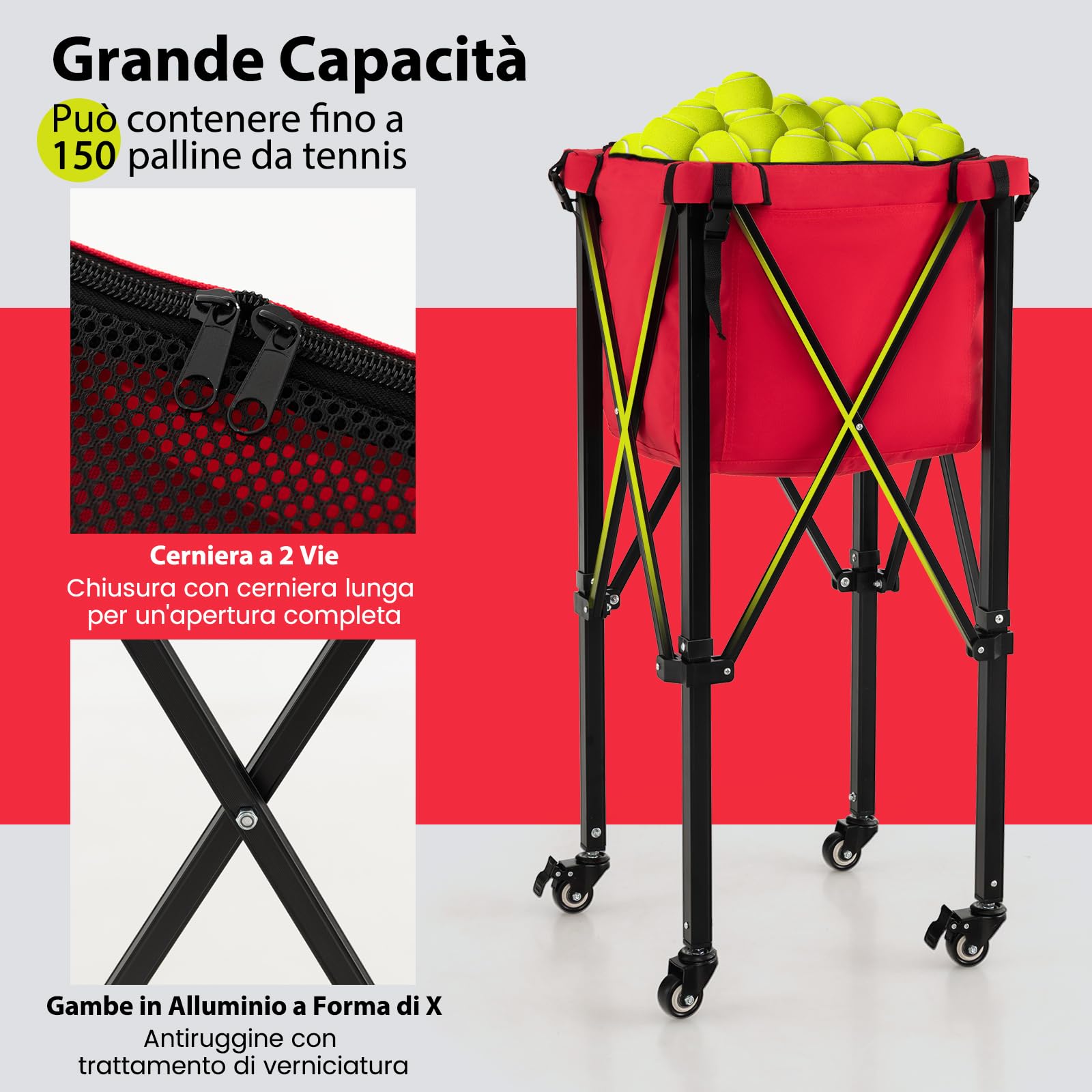 COSTWAY Carrello Porta Palline da Tennis, Carrello da Tennis Pieghevole in Alluminio con Ruote Frenate, Borsa Rimovibile Tasche Laterali, Borsa per Il Trasporto, Max 150 Palline Tennis