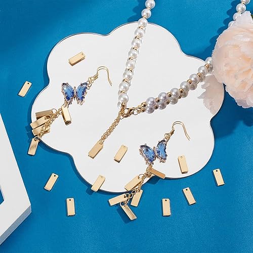 Miniatura 2 de UNICRAFTALE 50 dijes rectangulares de acero inoxidable 201 de 0.512 x 0.197 in con estampado dorado en blanco, colgantes rectangulares en blanco,