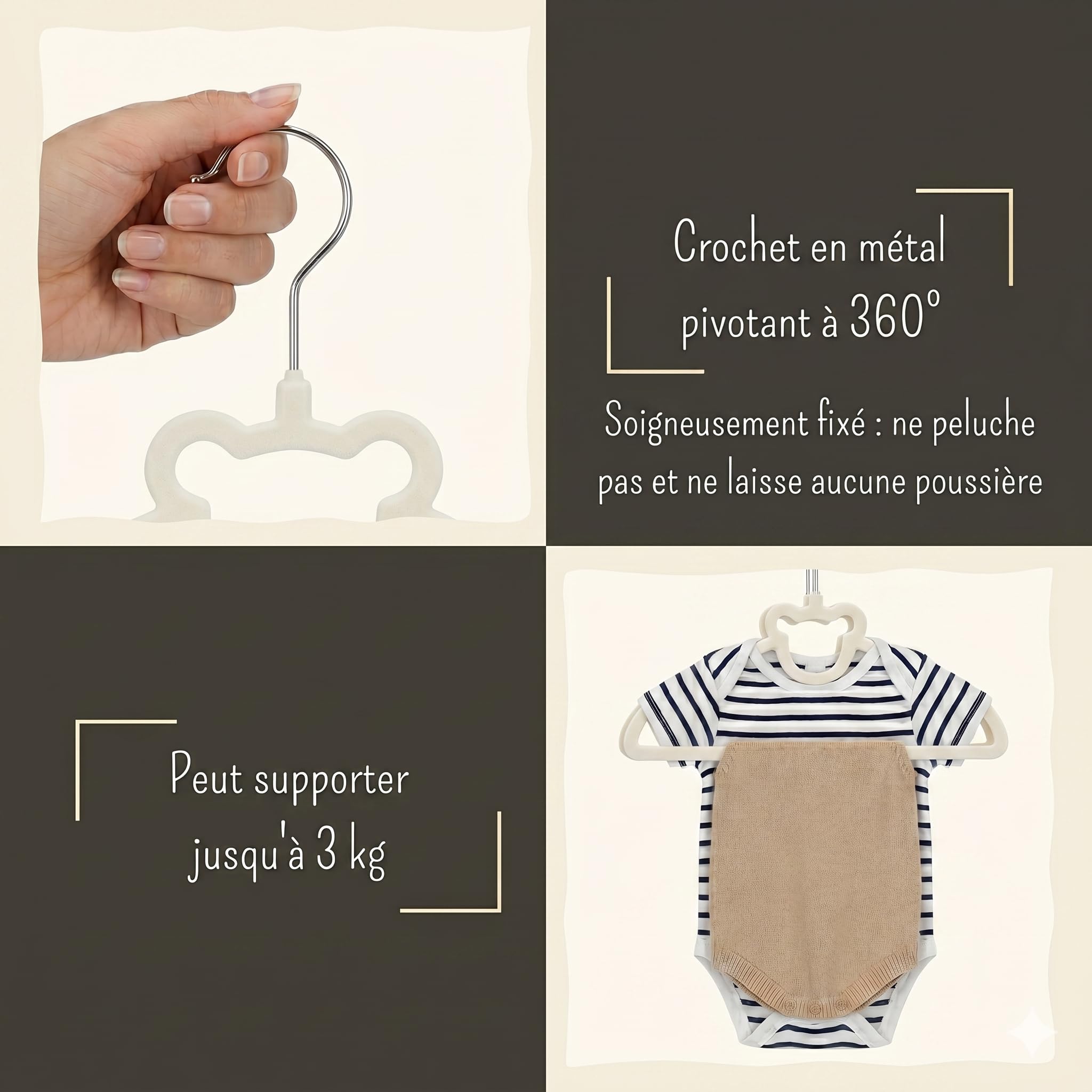 Lot de 30 cintres en Velours Haute qualité pour bébé et 4 séparateurs de Taille - Cintres pour Enfant antidérapants - Crochet pivotant à 360° - Peu encombrant pour Vestes, Robes, Pantalons, t-Shirts