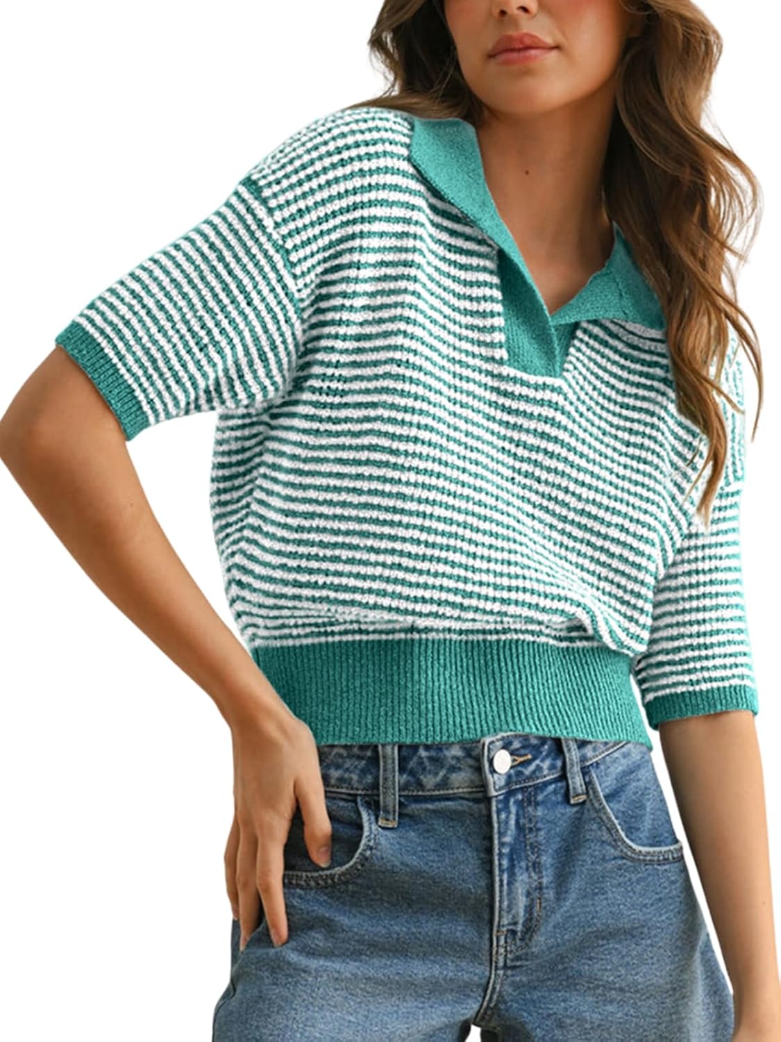 Skoinvb Womens Striped Cropped Sweater Short Puff Sleeve Fall Sweaters V Neck Tops Knit Casual Pullover Shirts Outfits