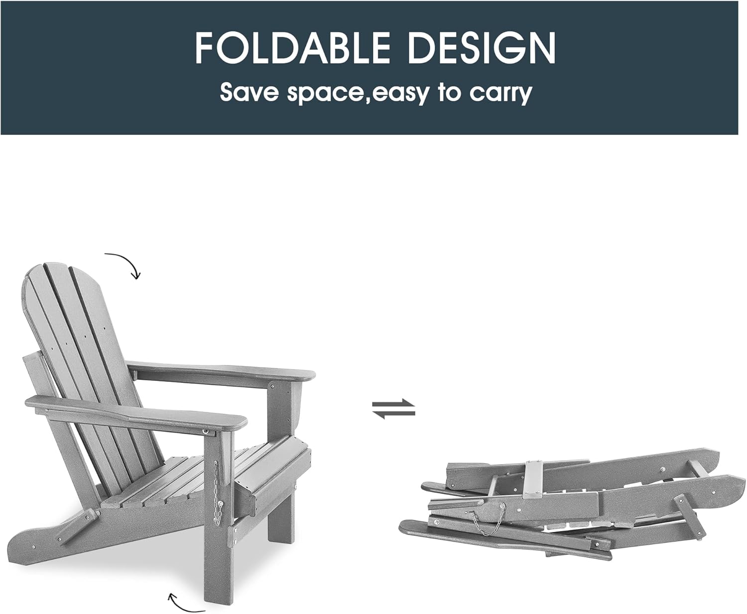 Folding Adirondack Chair, Patio Chair, Patio Adirondack Chair Weather Resistant, Outdoor Adirondack Chair, HDPE All-Weather Adirondack Chair for Fire Pit, Pool, Balcony, Backyard, Grey