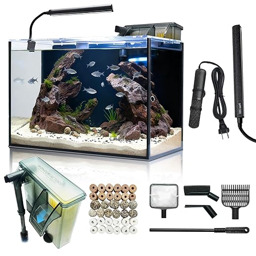 10 Gallon Aquarium Set Glass Fish Tank, Heater Self Cleaning System Filter with Media Bright Light Cleaning Tool, Leak-Proof Clear Rimless Betta Tropical Freshwater Fish
