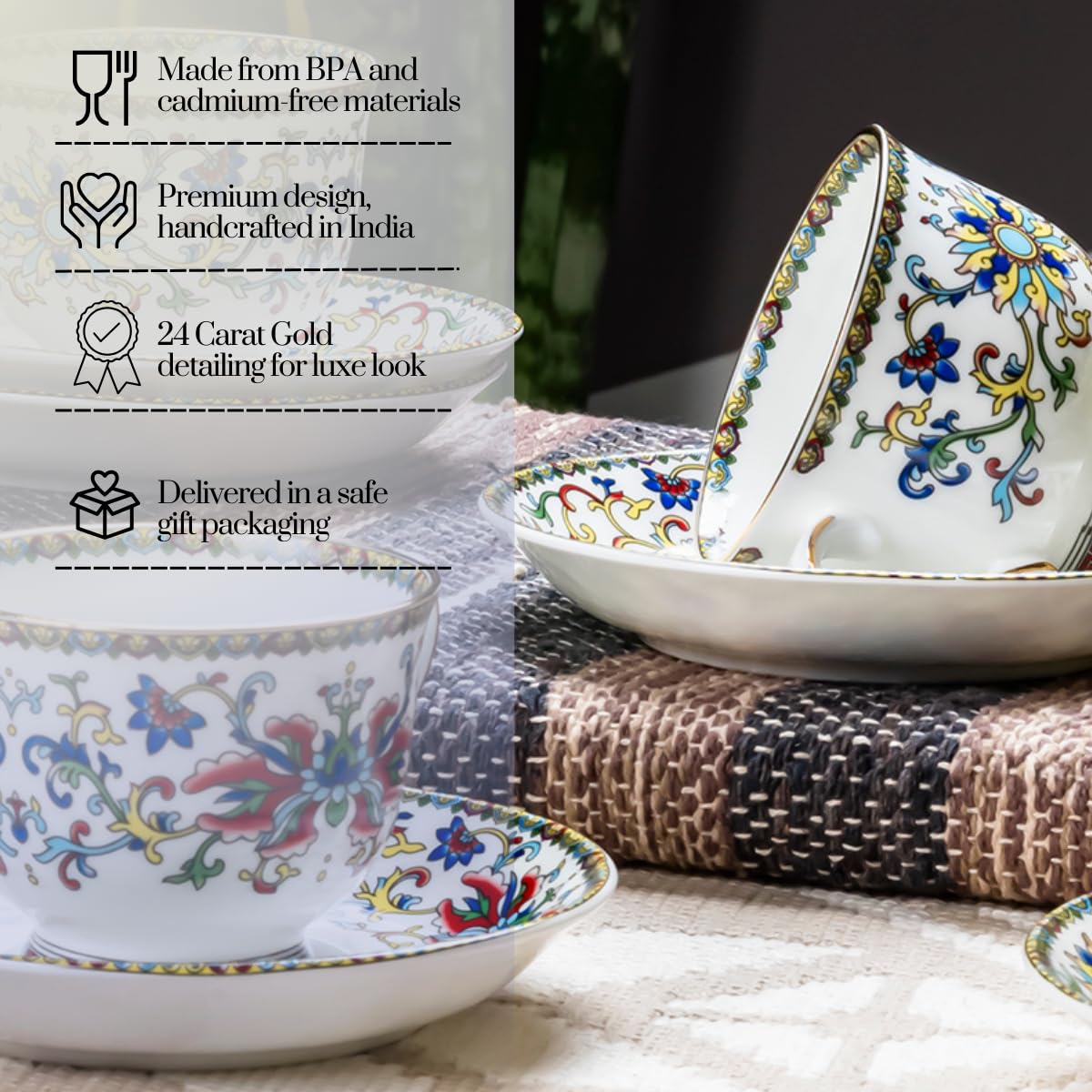 GOLDEN QUEEN'S Cup & Saucer Set | Perfect for Hosting & for Tea/Coffee Lovers | Handcrafted in India, Inspired by Florals & 24-Carat Gold Rim | 6 Cups & 6 Saucers |170 ml (Himalyan Flora) 2