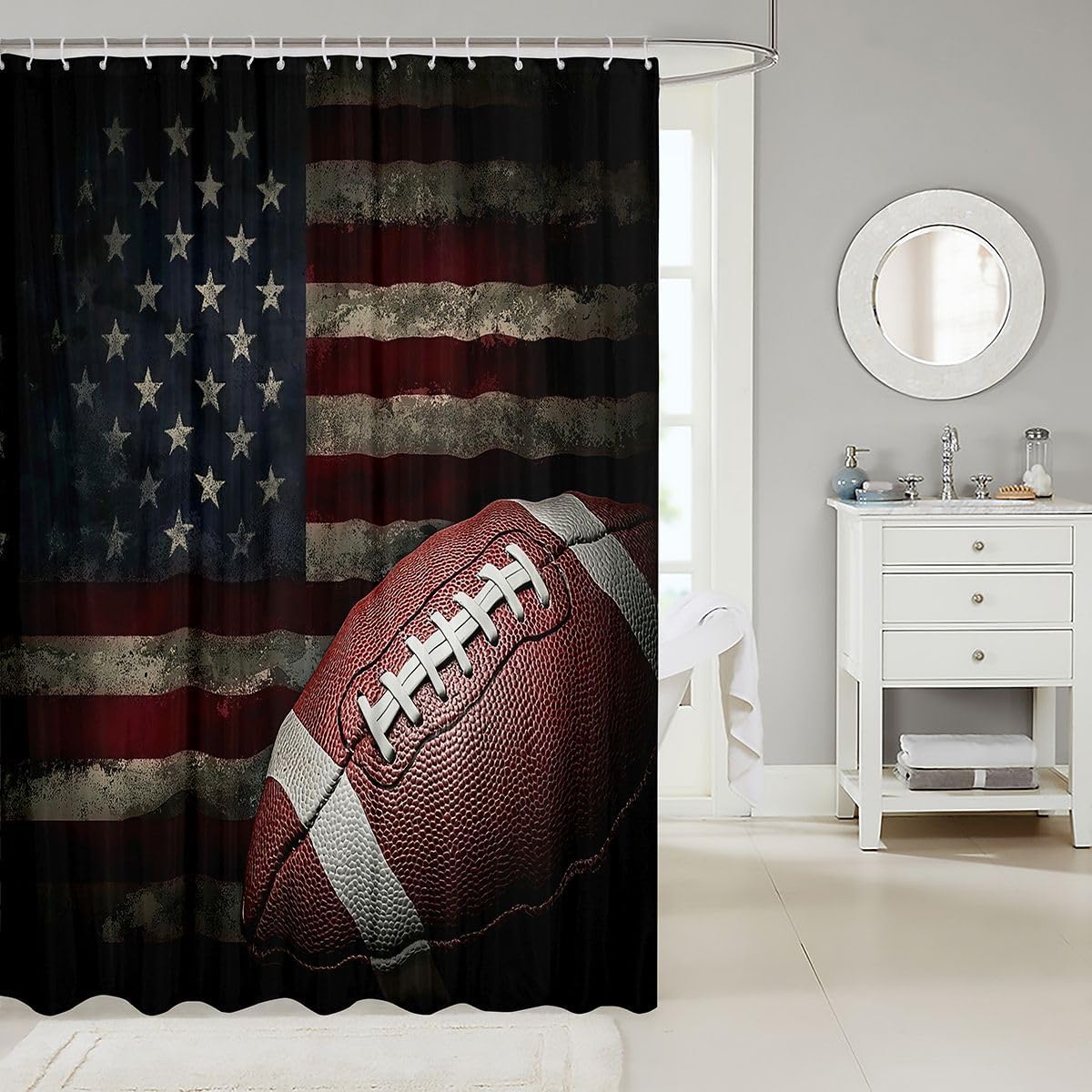 American Flag Bath Curtain, Boys Football Shower Curtain 72" W X 78" L, Soccer Sports Games Shower Stall Curtain United States Federations Stars Stripes Waterproof Fabric Bathroom Accessories