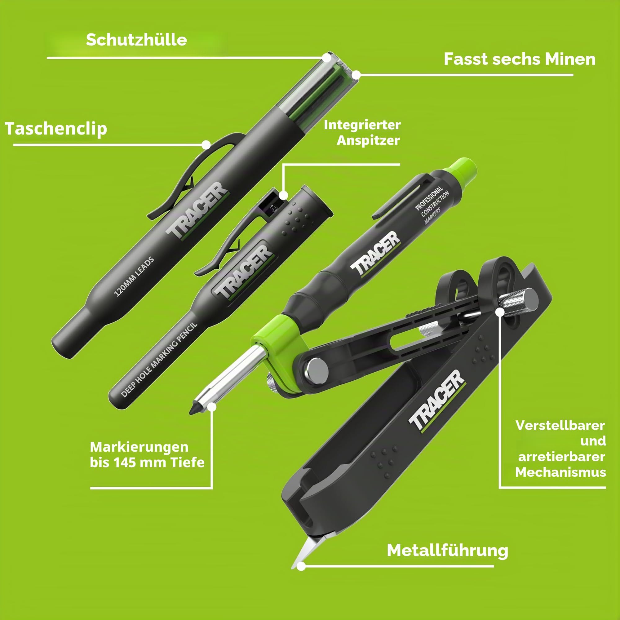 Tracer ProScribe Anreißwerkzeug Set – Multifunktions-Ritzgerät mit Tieflochmarker, 6 Ersatzminenhalter & Tasche | 15 Markieranwendungen | Anreißgerät für Holz, Fliesen & Metall