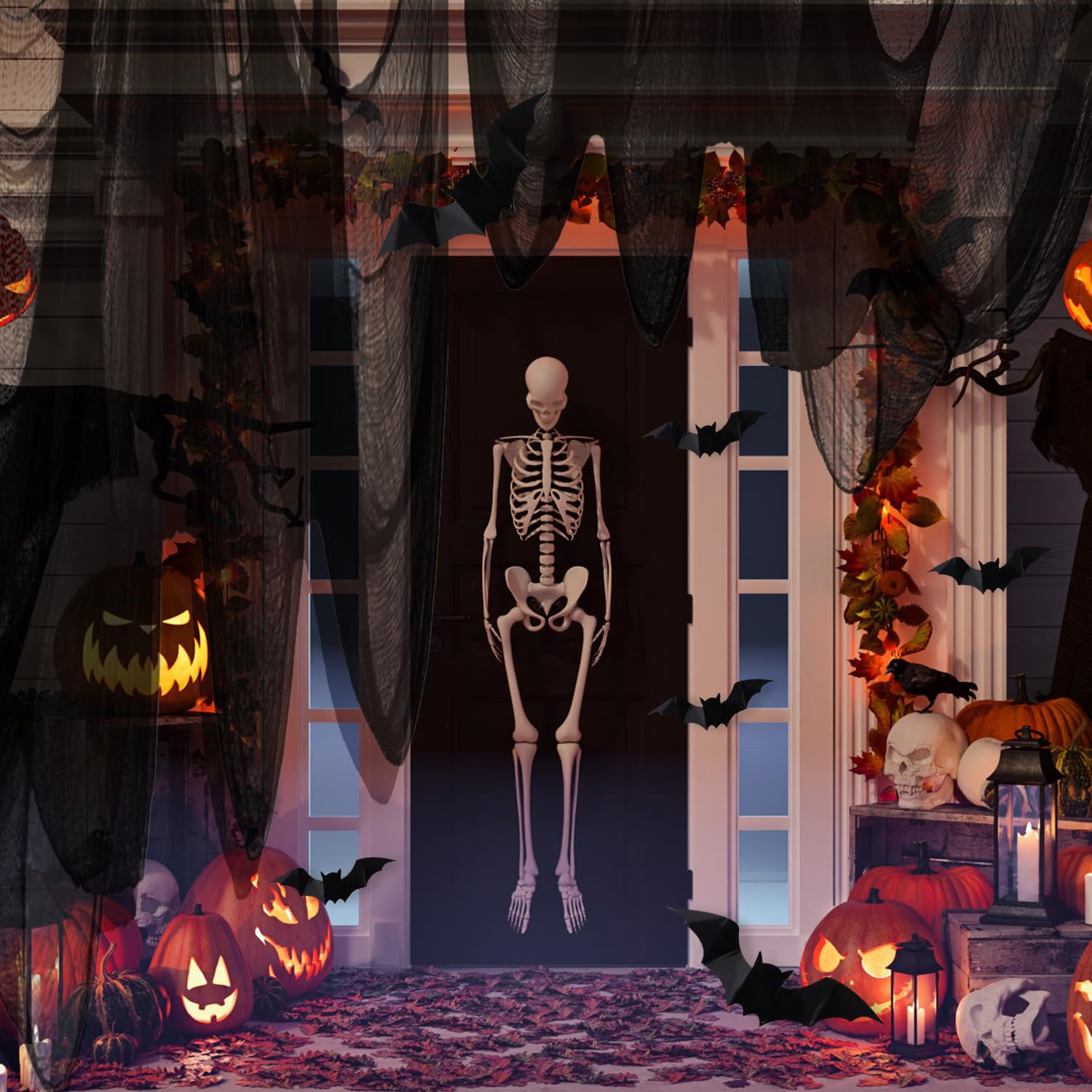 Decorazioni Halloween - 12 Pipistrelli 3D + 5 Stoffe Spaventose (Nere E Bianche) - Foto 6