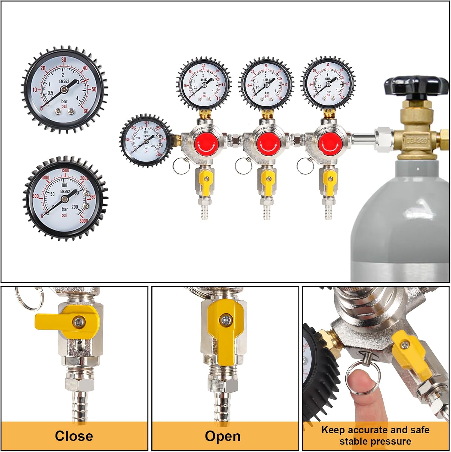 CO2 Regulator for Triple Tap Kegerator Draft Beer Tower Dispenser, CGA-320 CO2 Tank Regulator Gas Regulator 0-3000psi，Keg Regulator Beer Safety Pressure Regulator 0-60psi,Kegerator Regulator Gauge