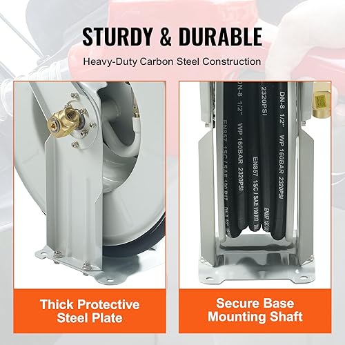 Miniatura 6 de VEVOR Carrete de manguera de combustible, 14 pulgadas x 50 pies, carrete de manguera retráctil extra largo, rebobinado giratorio automático