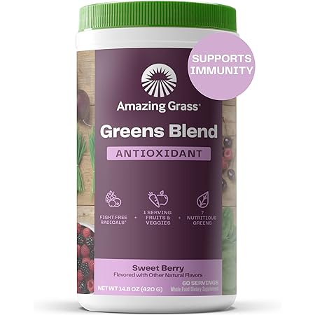 Amazing Grass Greens Blend Antioxidant: Super Greens Powder with Spirulina, Beet Root Powder, Elderberry, Prebioitics & Probiotics, Sweet Berry, 60 Servings (Packaging May Vary)