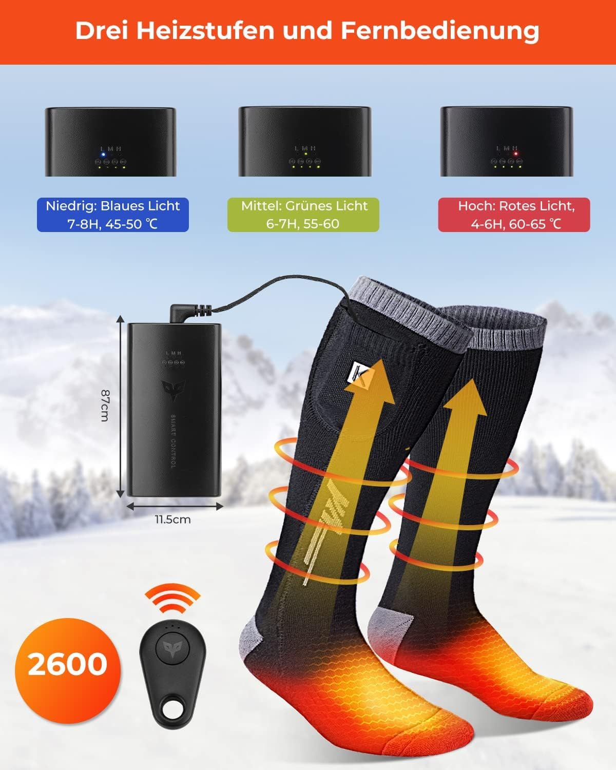 KEMIMOTO Beheizbare Socken mit Fernbedienung, 2600mAh*2 Beheizte Socken, Wiederaufladbaren Batterien Socken, Winter-Baumwollsocken Fußwärmer für Skifahren, Jagen