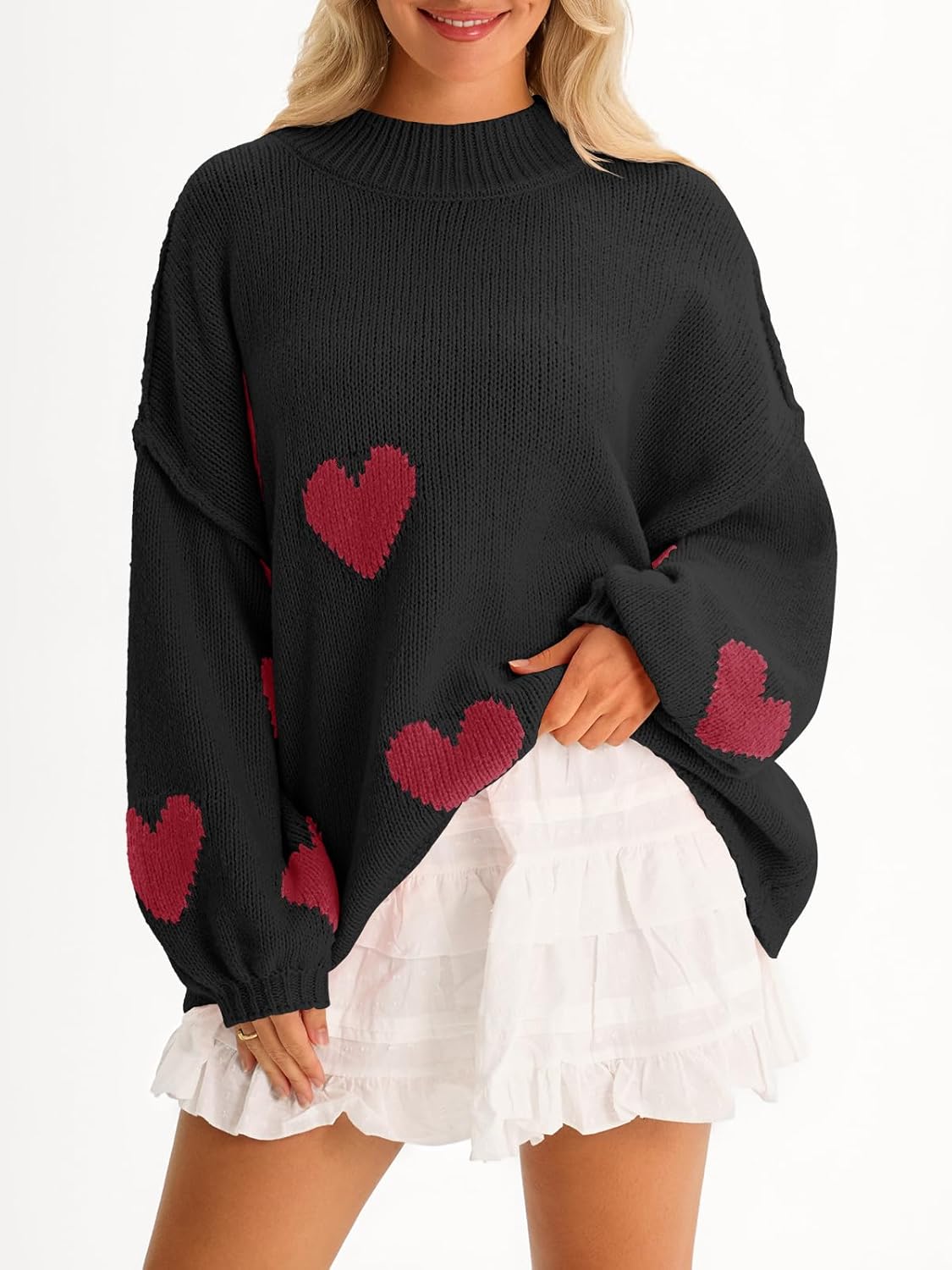 Saodimallsu Womens Oversized Heart Sweater Valentines Cute Mock Neck Chunky Knit Long Sleeve Tunic Sweaters - Image 2