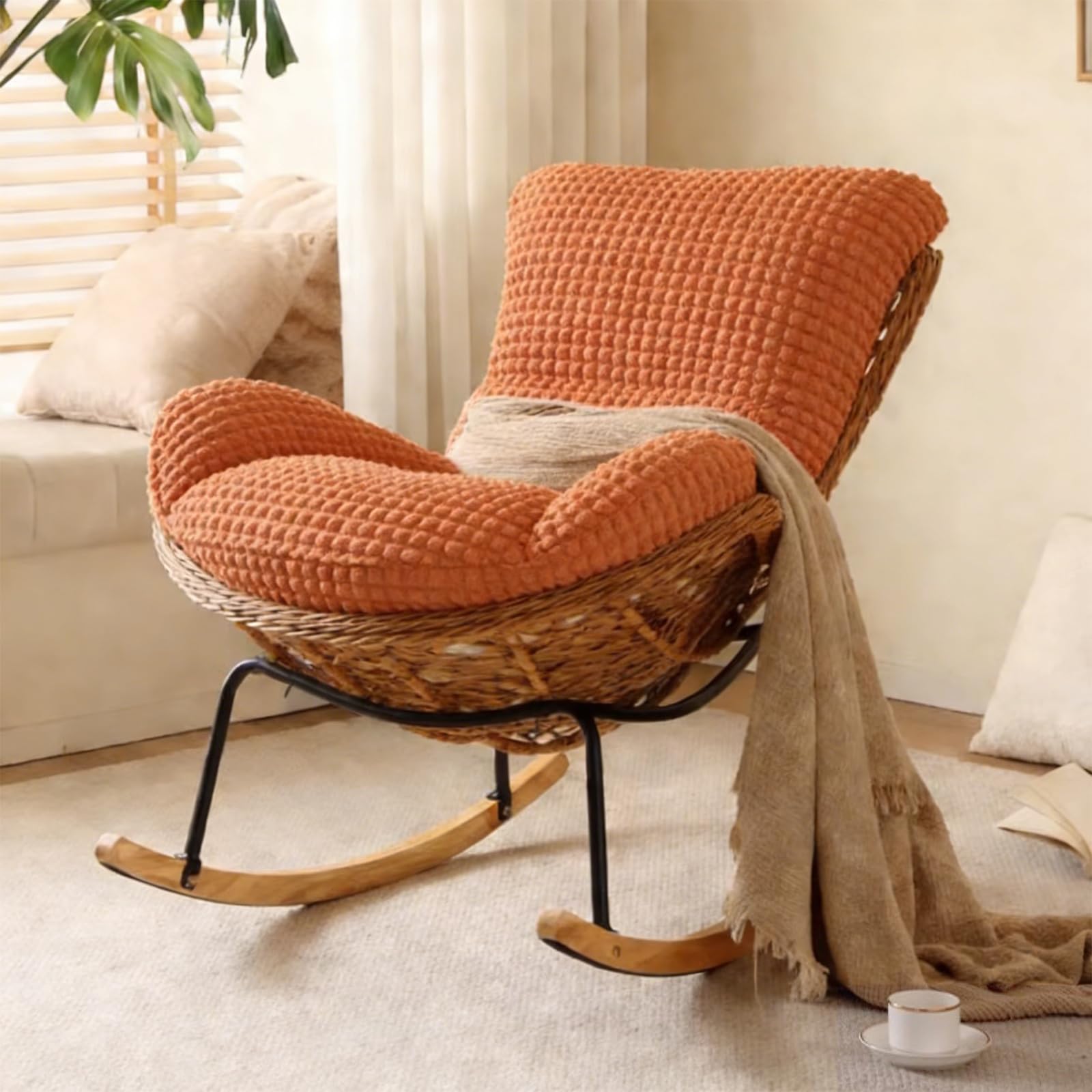 2026 NEW! Rocking Chair Comfy Lobster Lounge Chair-(with Detachable Chairs Cover) Handmade Rattan Weaving Teddy Upholstered Glider Nursing Chairs for Adults, for Living Room/Bedroom (Grid Orange)
