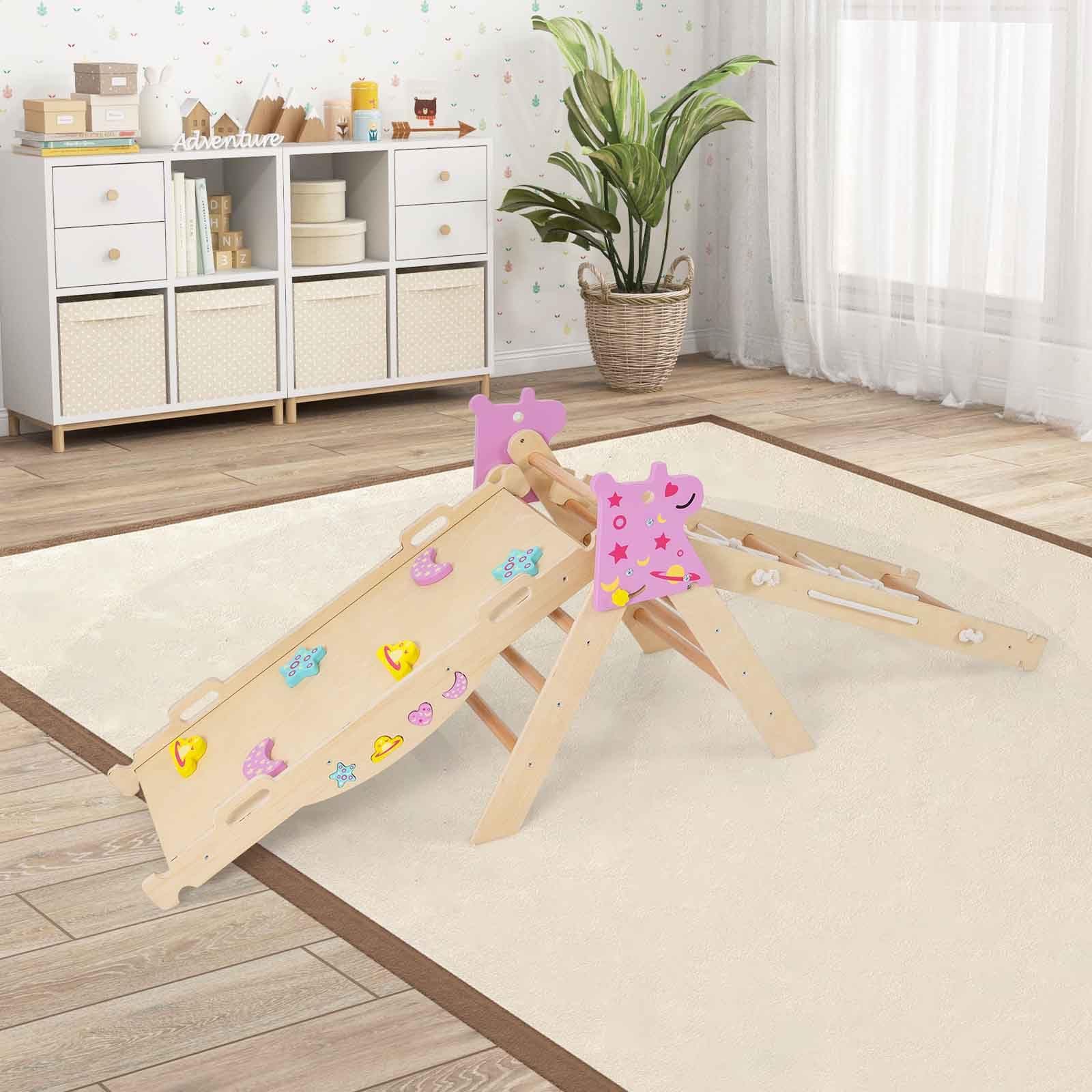 HOMASIS 4 in 1 Arrampicata per Bambini in Legno, Struttura da Scalata con Arco, Rampa, Corda e Scala, Palestra Giochi Educativa per Bambini da 3+ Anni (Naturale, Unicorno)