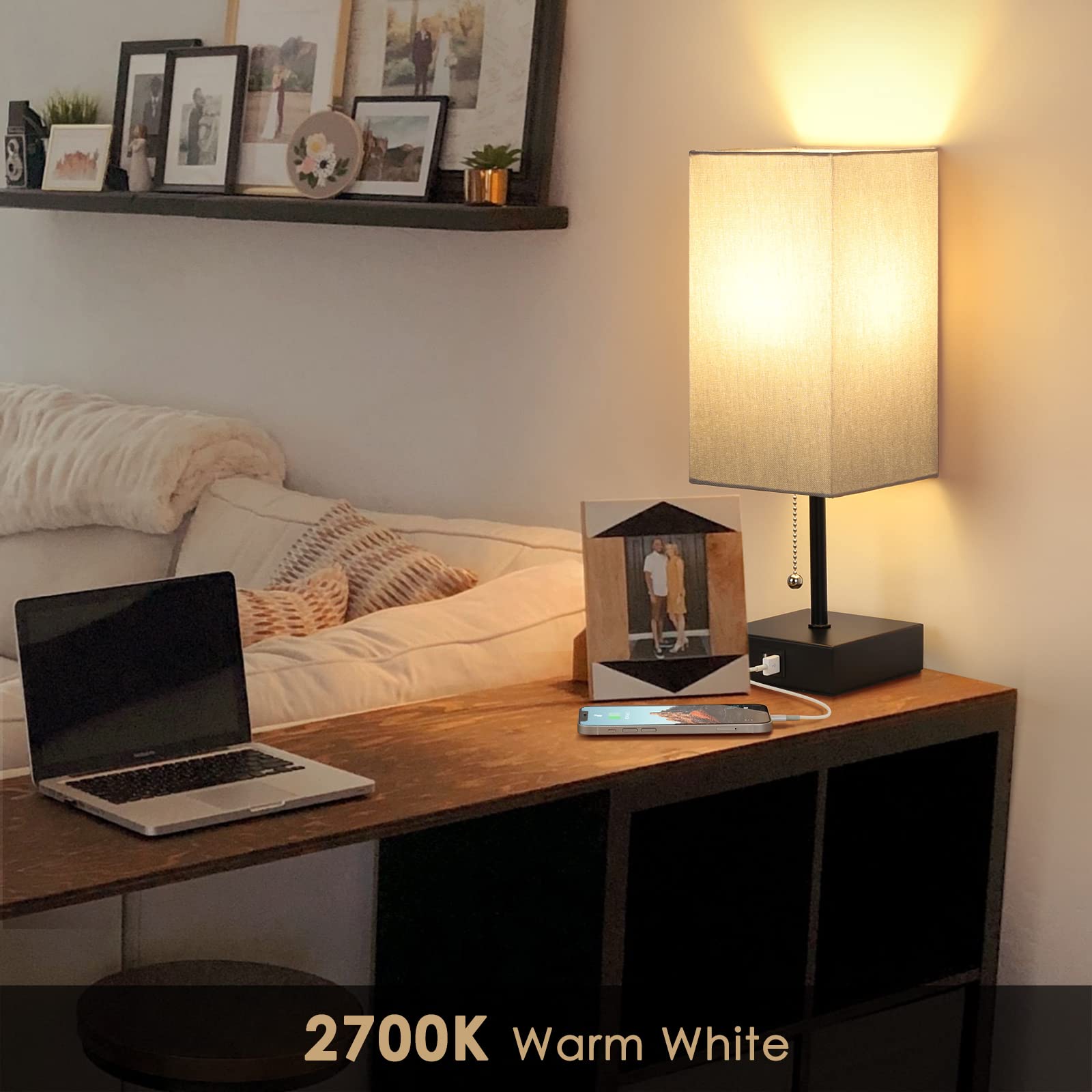 GGOYING Bedside Table Lamp, Modern Nightstand Lamp with USB Charging Ports, Pull Chain, 2700K LED Bulb, Grey Fabric Shade for End Table Living Room Home Office Study Room