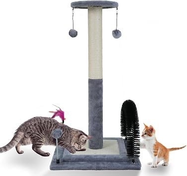 ROYPET Multifunctional Cat Scratching Posts for Indoor Kittens,Cat Scratching Posts for Play and Activity,Scratching Posts with Feather Toys, Hanging Balls and Self-Grooming Brush,Grey