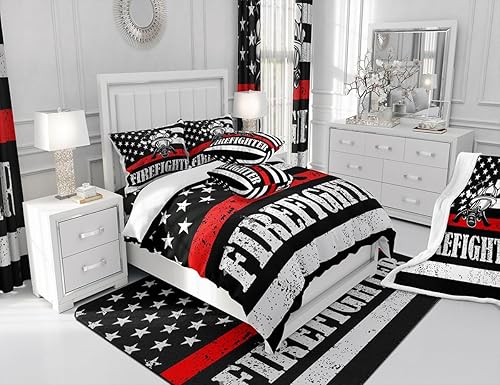 Miniatura 6 de Manfei Juego de funda de edredón de bandera estadounidense para niños, tamaño matrimonial, funda de edredón de bomberos con 2 fundas de almohada,