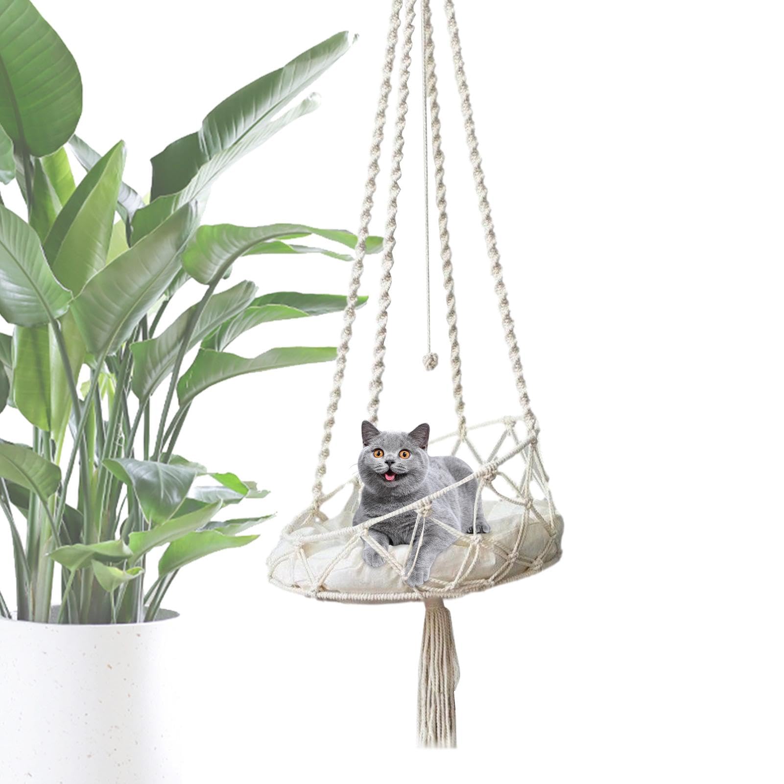 Hamac en Macramé pour Chat - Lit Suspendu Balançoire avec Crochet pour Détente - Fixation Murale