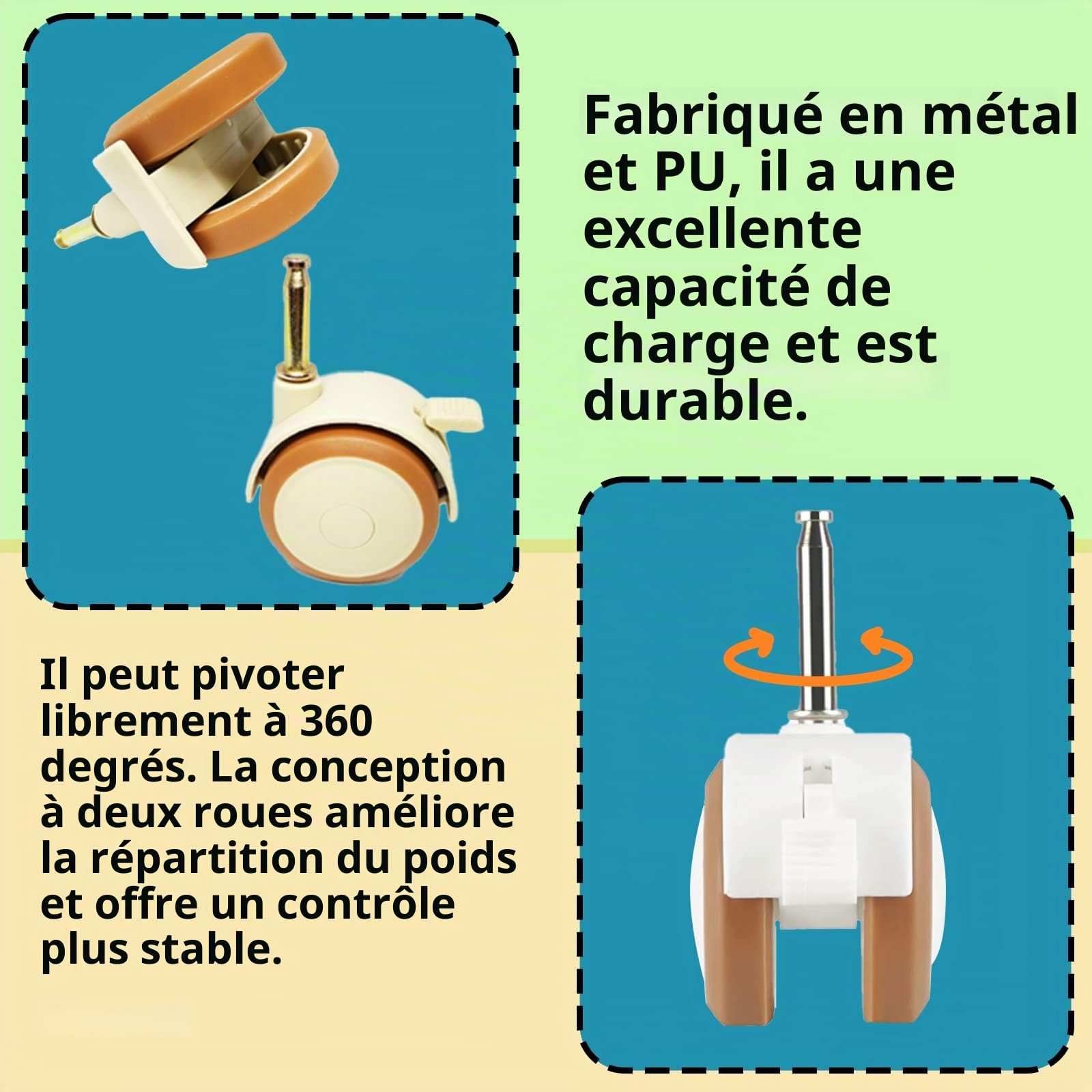 ZoeTekway Jeu de 4 roulettes pivotantes pour meubles d'enfants avec manchon de 10,5 mm, roulettes silencieuses en caoutchouc avec frein, pour petits lits bébé, berceaux