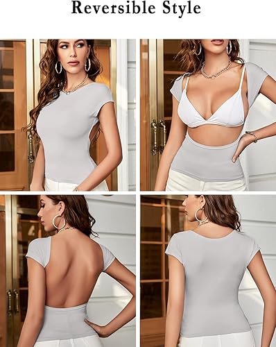 Miniatura 3 de ForeFair - Camiseta corta sexy de manga corta, sin espalda, con cuello redondo, ajustada, informal, para verano, estilo Y2K