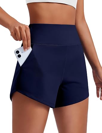 PINSPARK Womens 3.5" Running Athletic Shorts Unlined Breathable Workout Tummy Control Gym Yoga Dolphin Short with Pocket