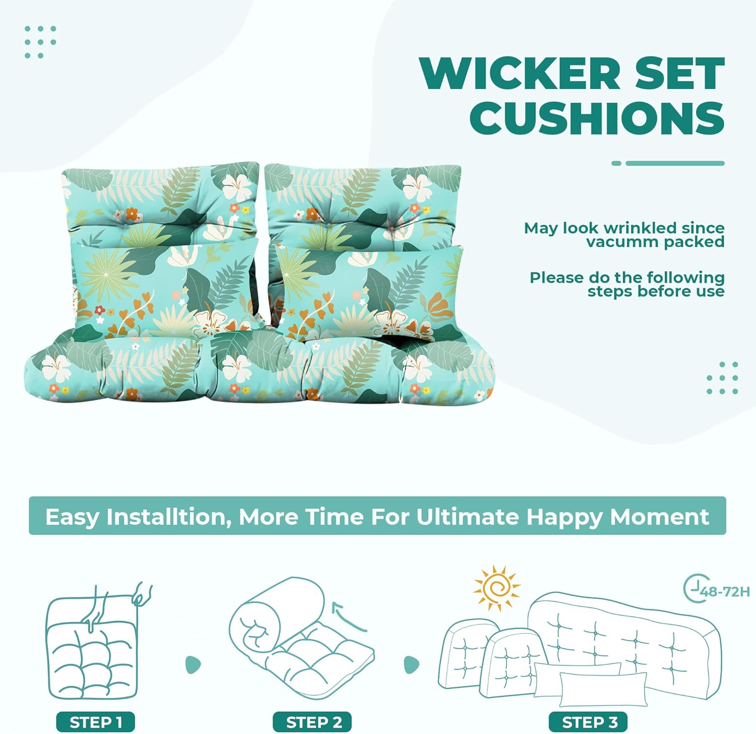 Wicker Chair Cushions of 5 Pieces, Waterproof Outdoor Loveseat Cushion for Wicker Furniture, 1 Love Seat Cushion, 2 U-Shape and 2 Lumbar Pillows for Patio Furniture (Cyan Flower)