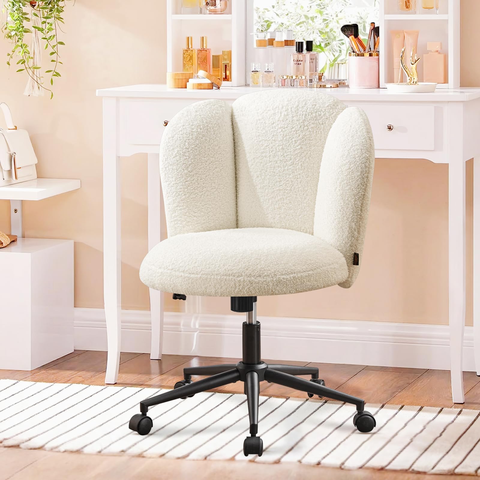 Fauteuil de Bureau, Chaise de Coiffeuse, Chaise Bureau Réglable en Hauteur avec Dossier Inclinable Pivotante à 360°, Fauteuil Coquillage Design Fleur en Bouclé pour Salon Chambre, Blanc