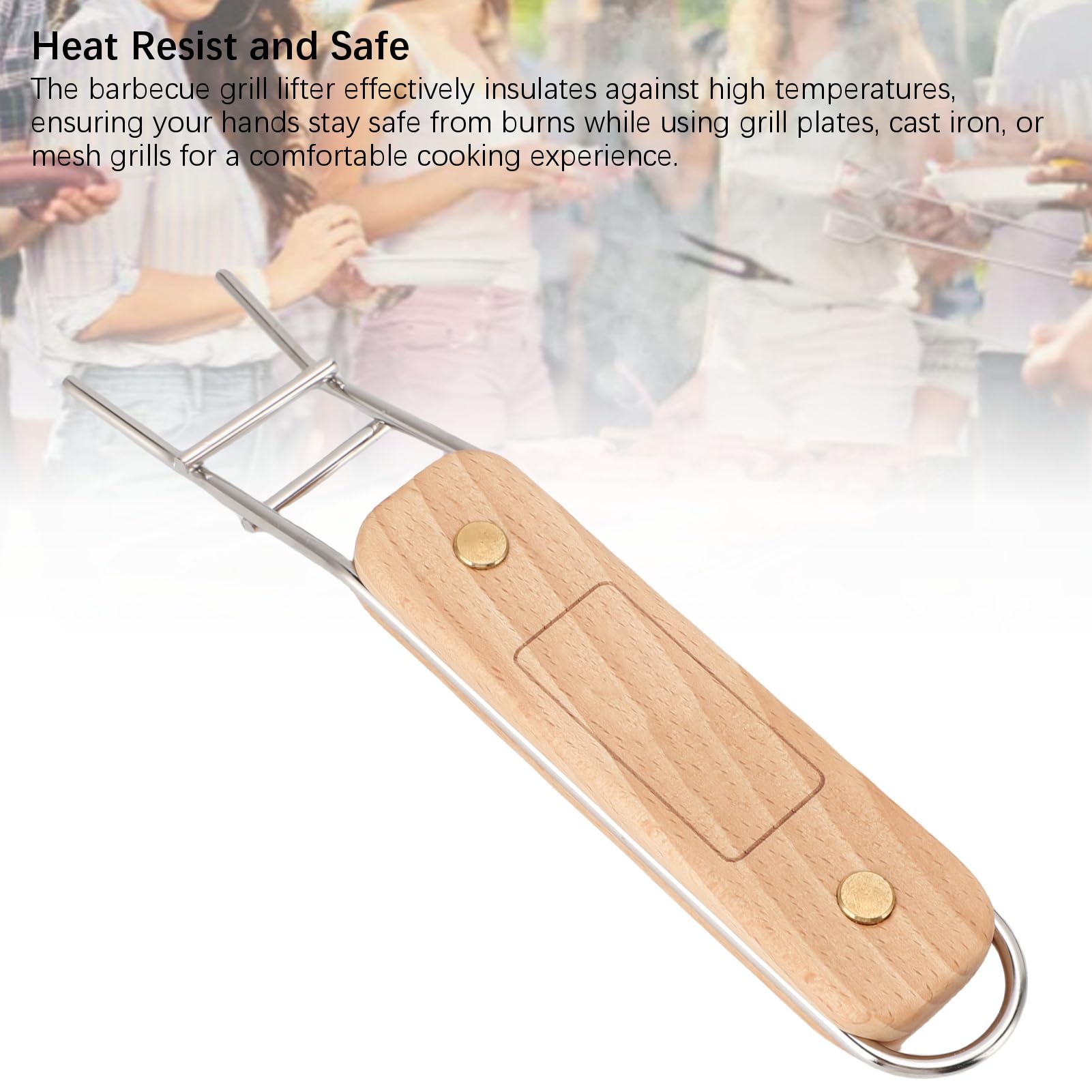 Poignée de Barbecue en Acier Inoxydable avec Lève-grille en Bois, Antidérapante et Multifonctionnelle pour Camping et Cuisson Extérieure