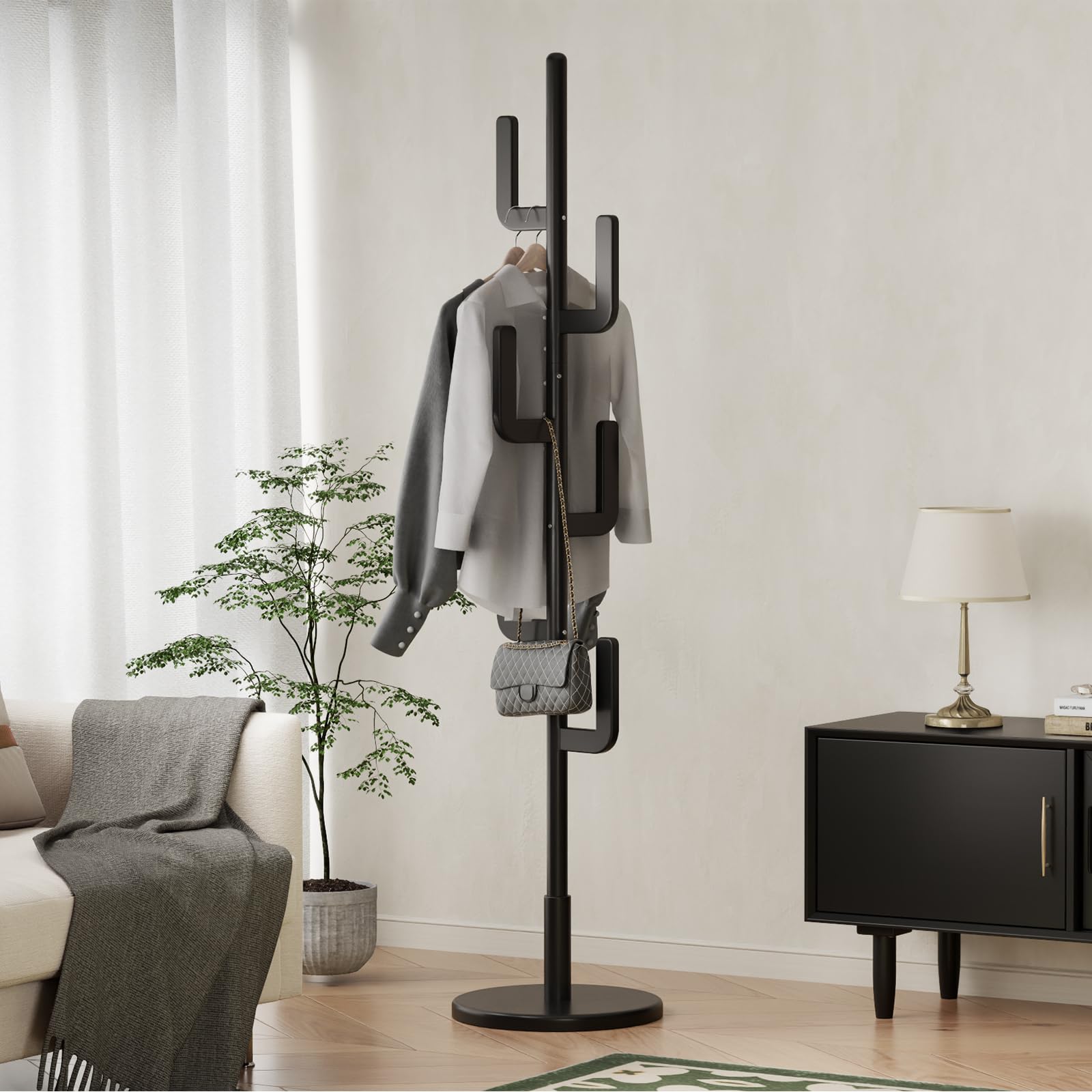 AQIMUELE Attaccapanni, Appendiabiti da Terra in Legno, 8 Ganci, 3 Altezze, per Cappotti Cappelli Borse, per Ingresso, Camera da Letto, Soggiorno (Nero)