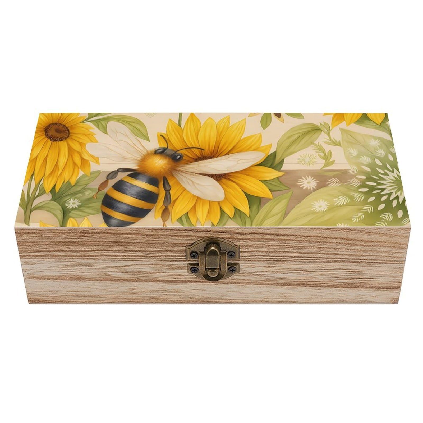 Oudrspo Lovey Bee And Yellow Daisy Retro Wooden Storage Box Keepsake Jewelry Decorative Art Storages Box Gift Boxs