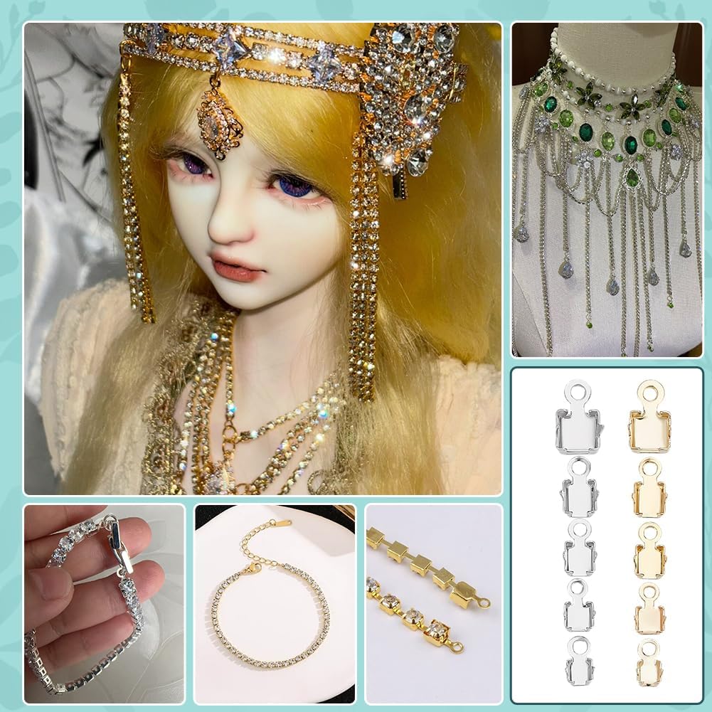 PH PandaHall 200pcs 5 Sizes Cup Chain Connectors, 14k Brass Cup Chain Ends Gold Silver Charm Pendant Connectors Terminators with Loop for Iced Out Rhinestone Chain Jewelry Making Crafts