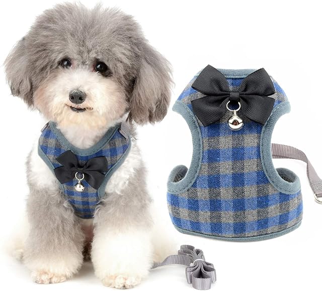 Zunea No Pull Small Dog Harness and Lead Sets Adjustable Soft Mesh Plaid Tuxedo Vest Clothes with Bowtie and Safety Bell for Puppy Chihuahua, Escape proof Cats Harnesses for Walking Blue S