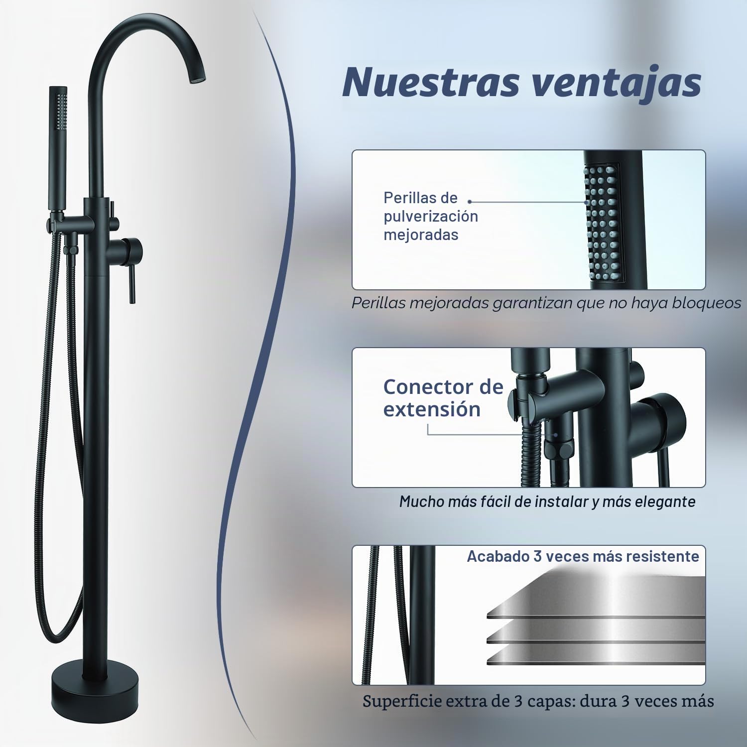 Grifo de bañera independiente, grifo de bañera independiente de montaje en suelo, relleno de bañera independiente de latón, grifo mezclador de ducha de alto flujo, negro mate