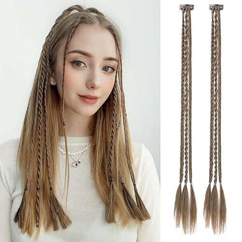 REECHO Extensión de cabello con clip, 6 trenzas en total, 22 pulgadas de largo, extensiones sintéticas suaves naturales (marrón ceniza claro con